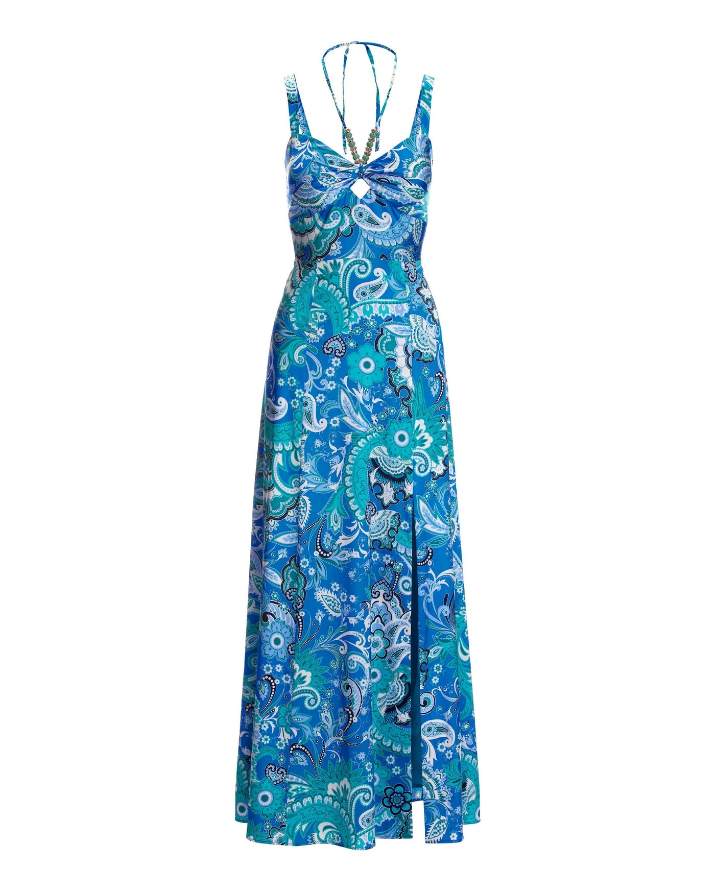 Stamped Floral Blues Print Necklace Detail Charmeuse Maxi Dress Blue
