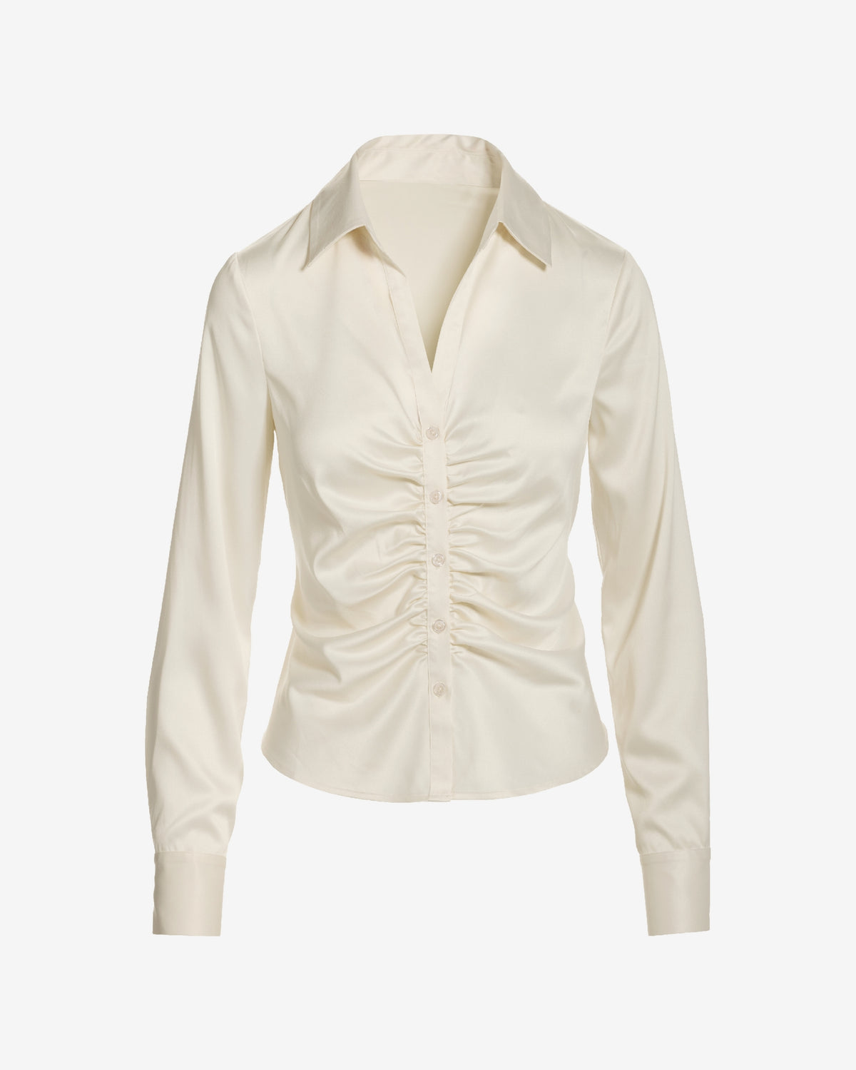 Jessie Charmeuse Ruched Center Front Button Up Shirt Ivory