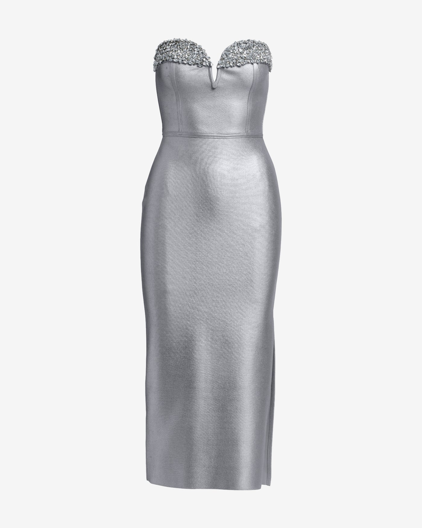Crystal Embellished Metallic Bandage Midi Dress Silver
