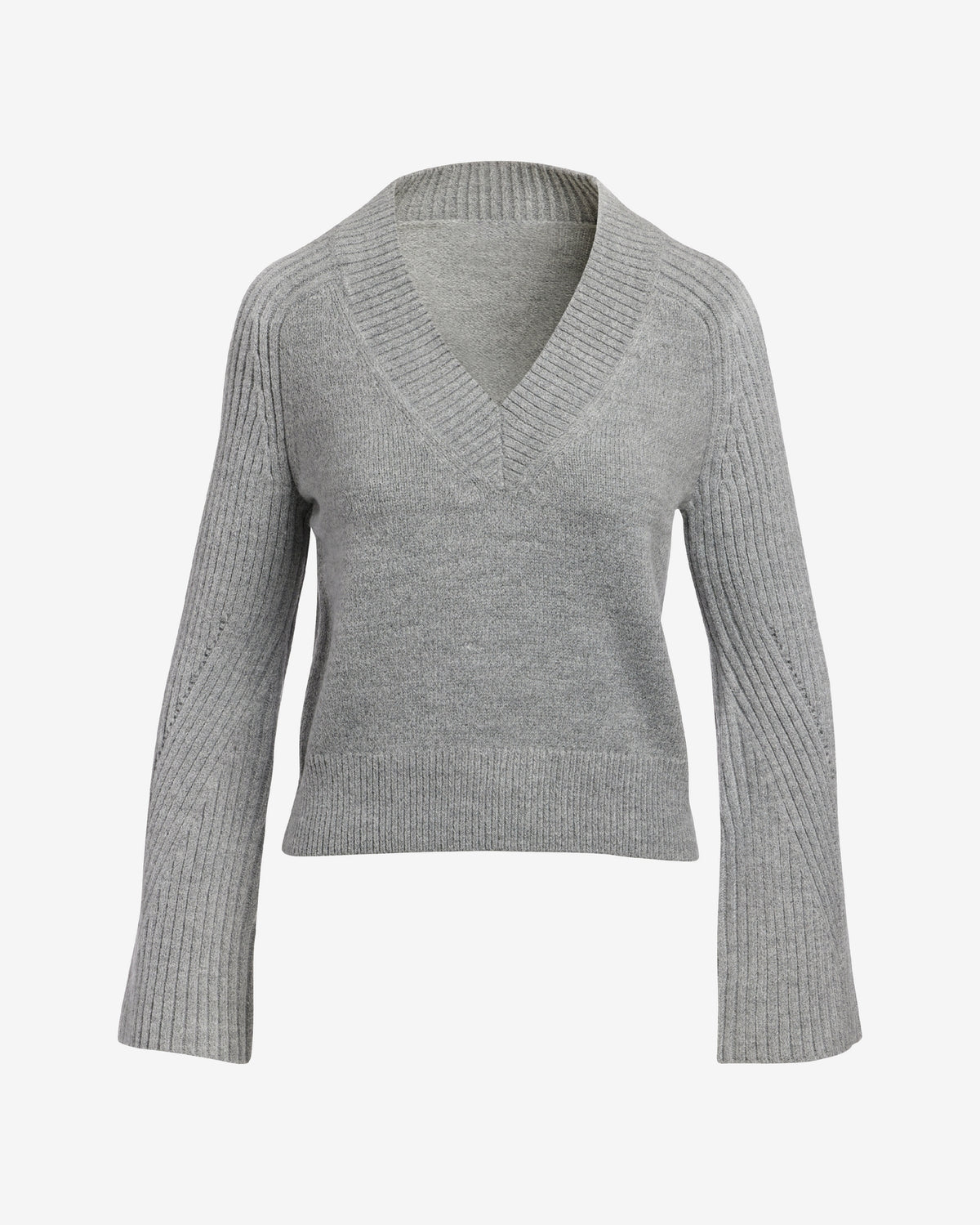 Wide Rib V-Neck Bell Sleeve Sweater Light Heather Gray