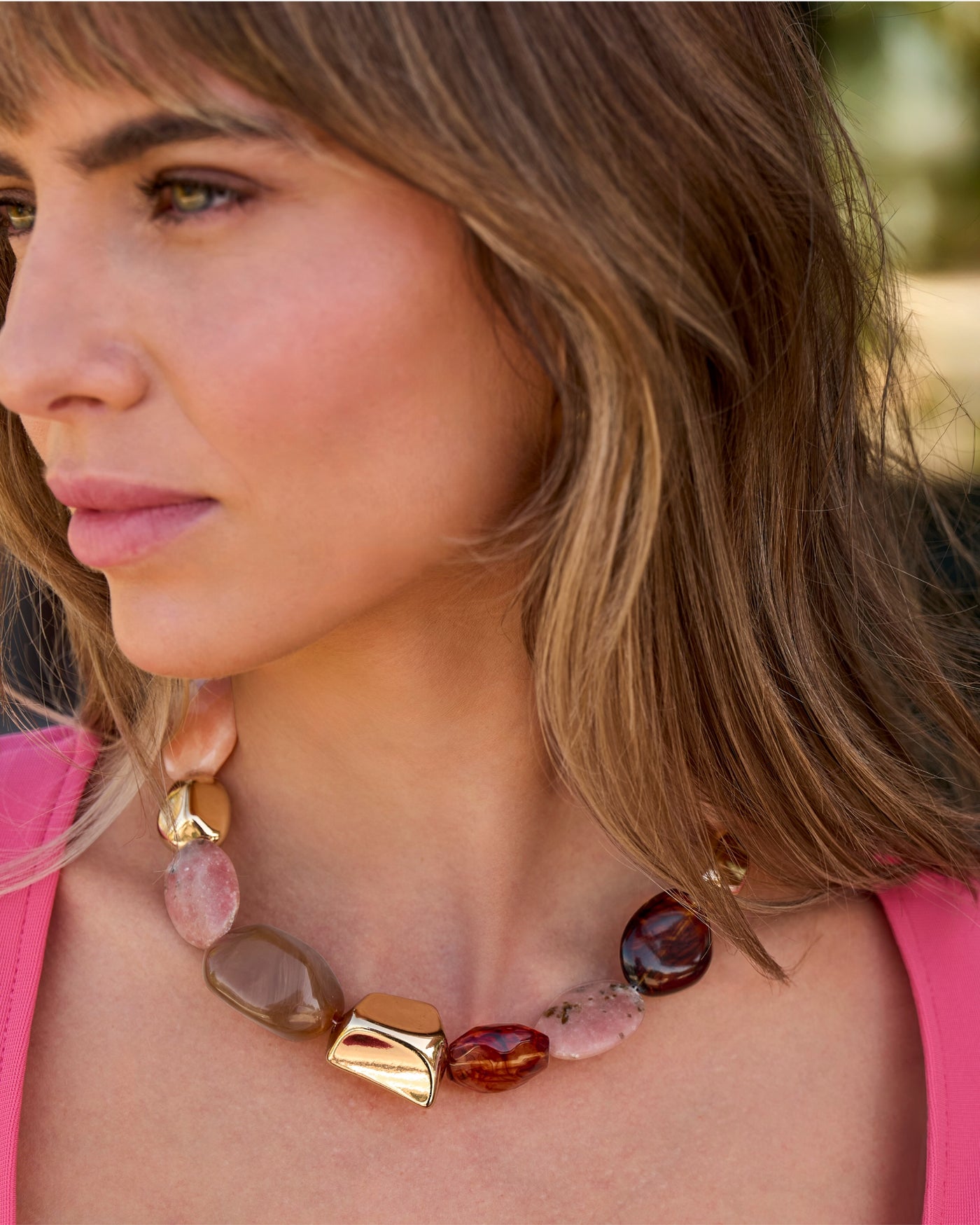 Pink and Natural Multi Stone Necklace Gold Multi