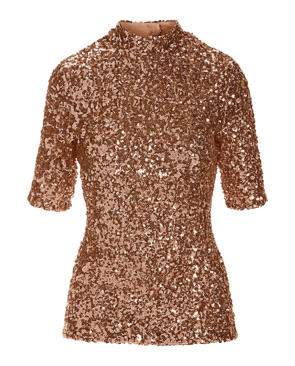 Sequin Mock Neck Elbow Sleeve Top Rose Gold