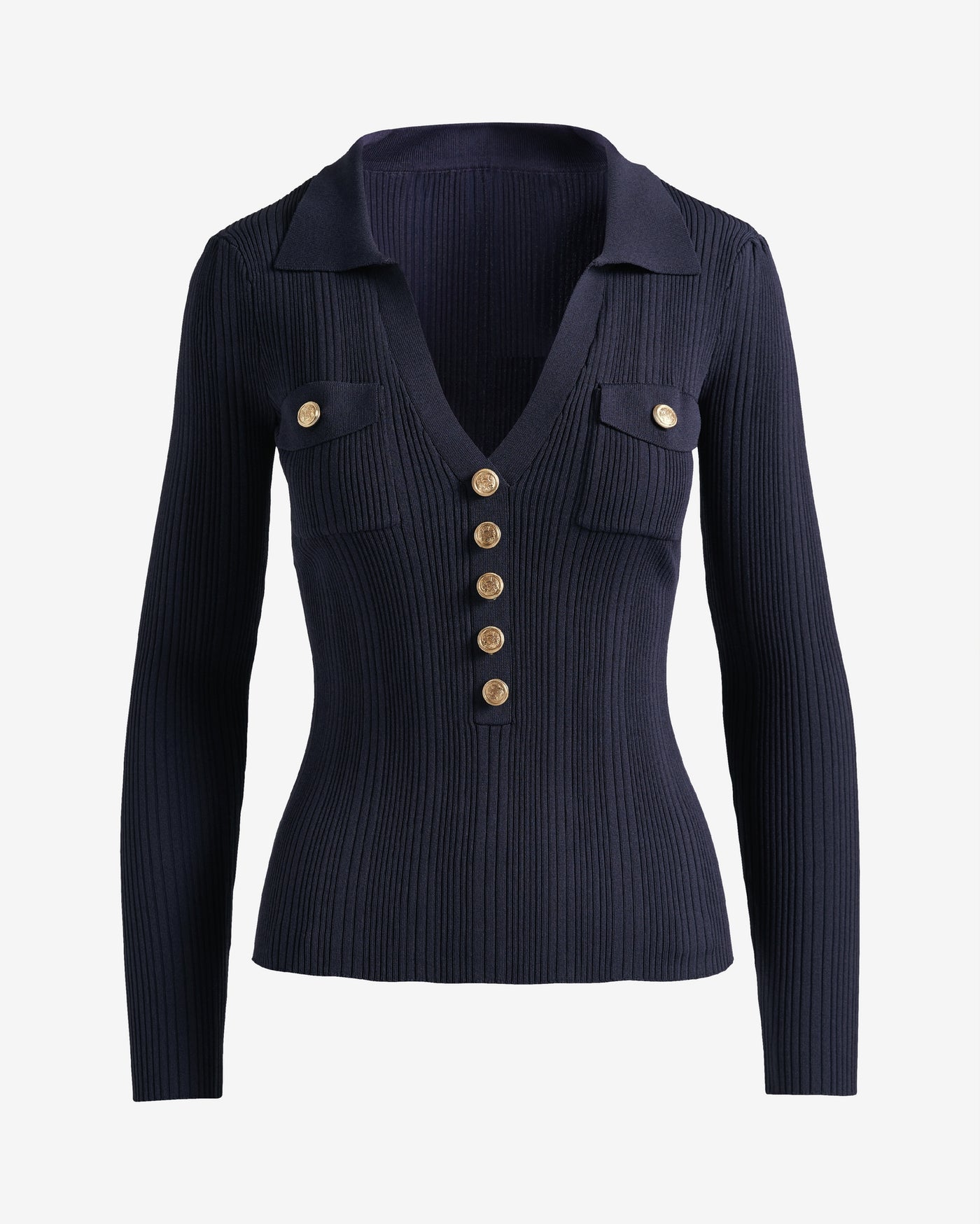 Crested Button Collared Rib Sweater Top Navy