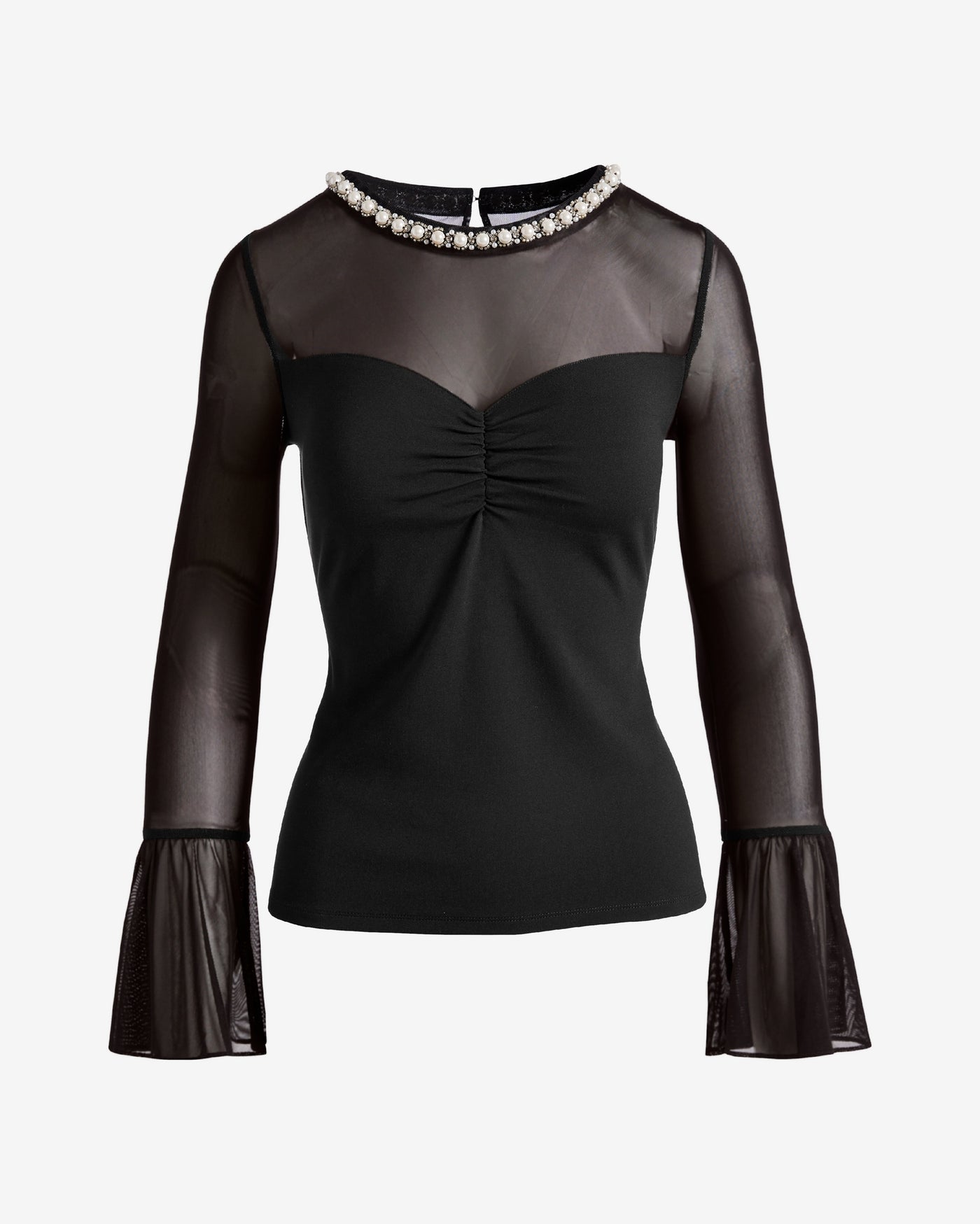 Pearl Embellished Mesh Illusion Sweetheart Knit Top Black