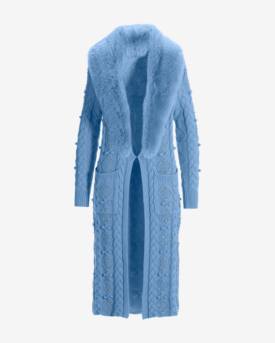Faux Fur Embellished Cable Duster Airy Blue