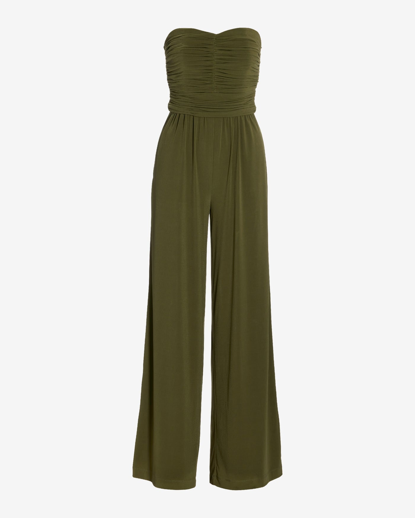 Strapless Ruched Wide Leg Knit Jumpsuit Moss Green