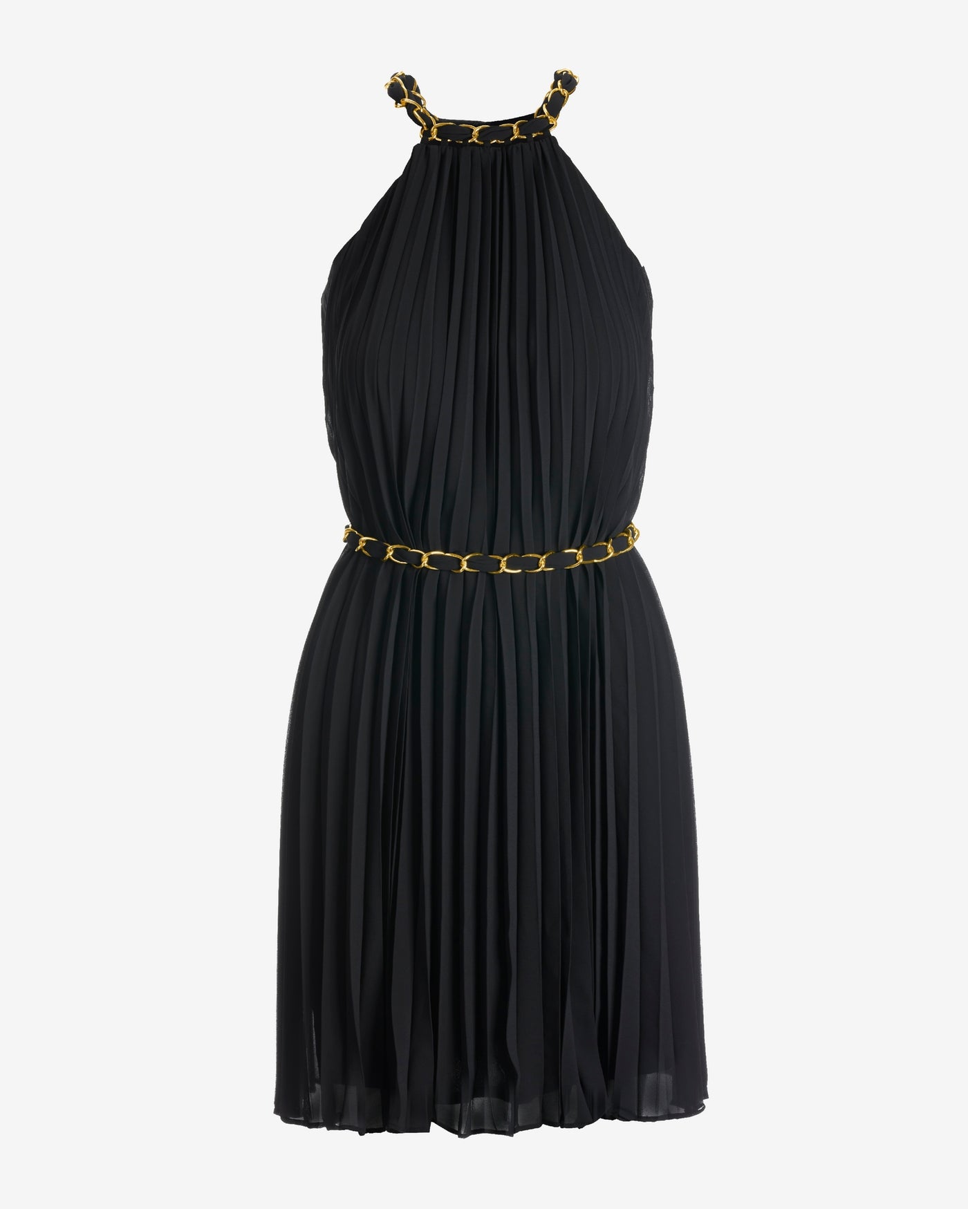 Chain Detail High neck Pleated Fit and Flare Dress Black