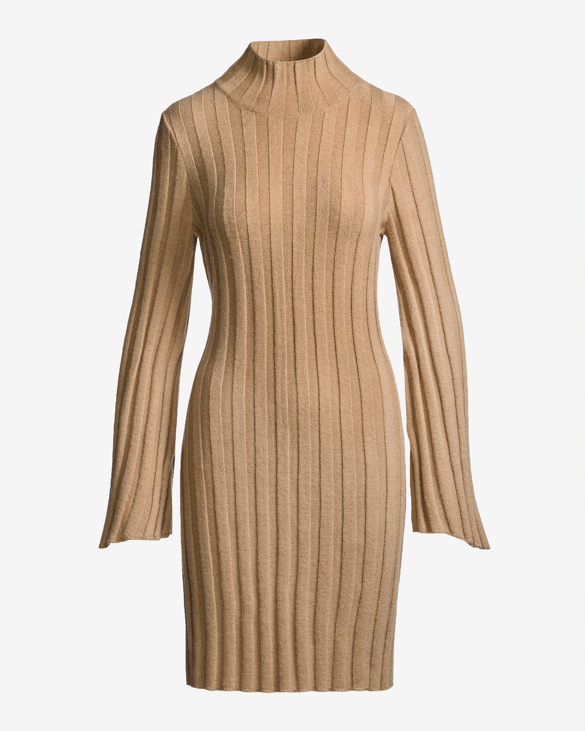 Turtleneck Bell Sleeve Wide Rib Sweater Dress Camel