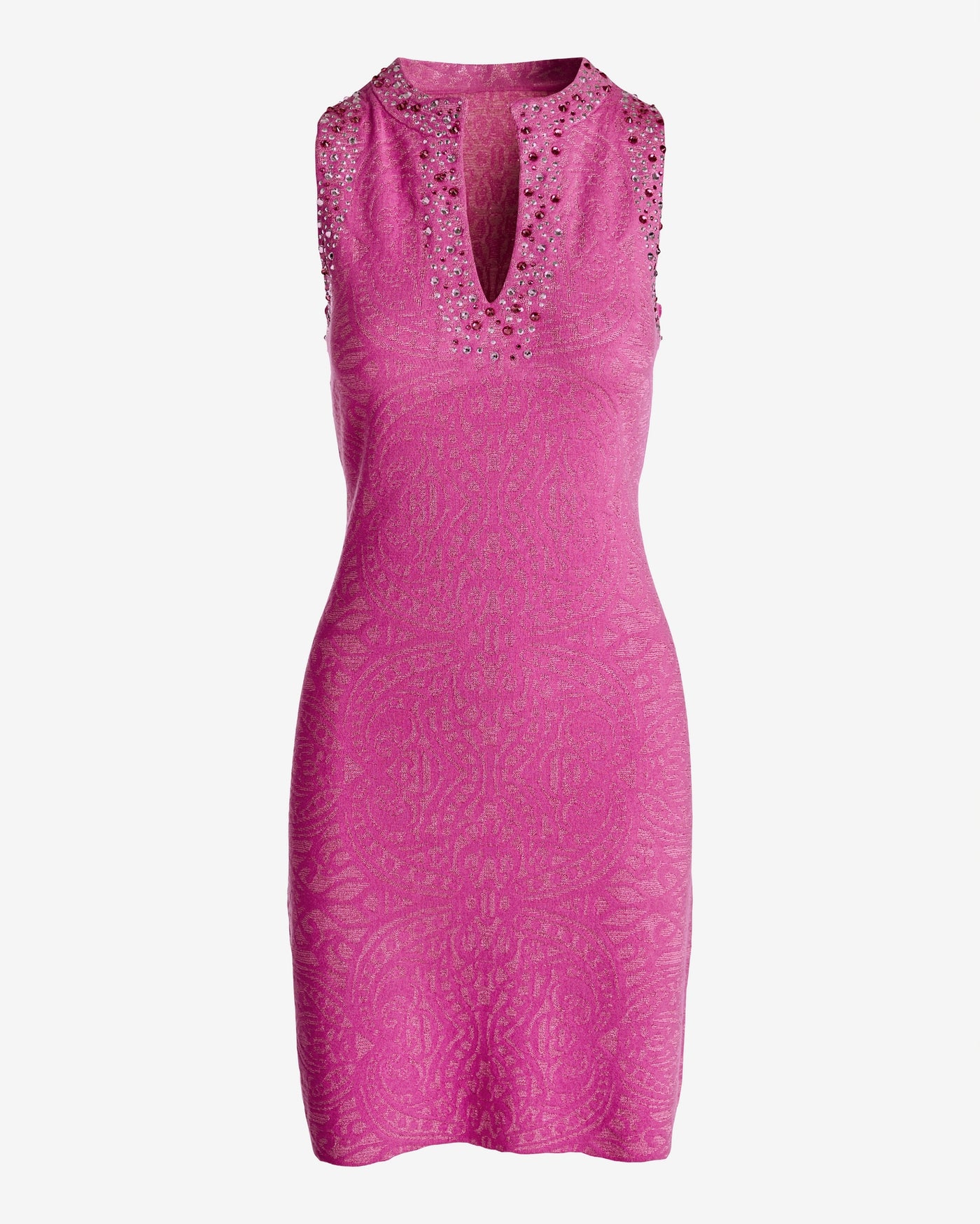 Embellished Knit Jaquard Sleeveless Dress Magenta