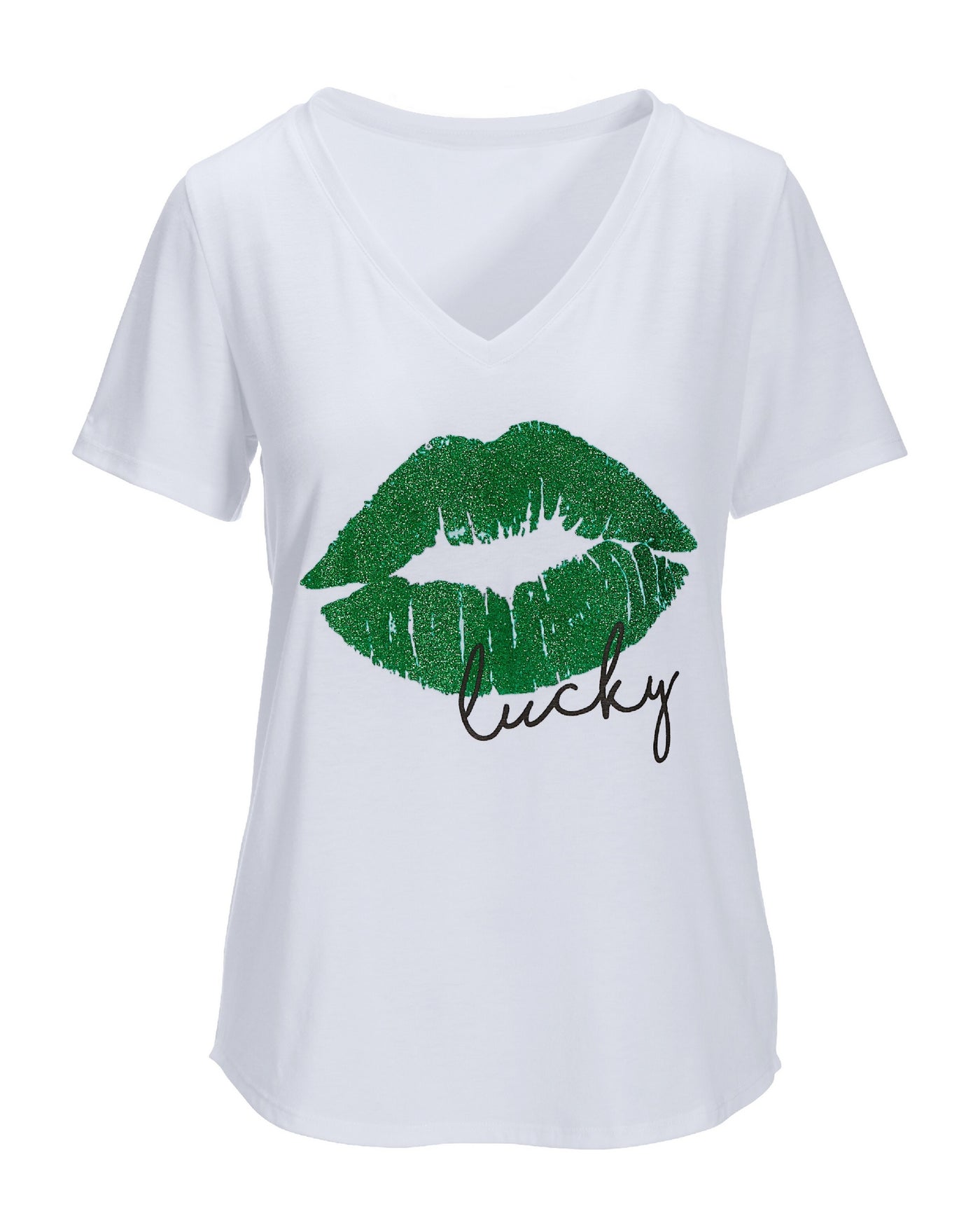 Lucky Glitter Lip V Neck Tee White
