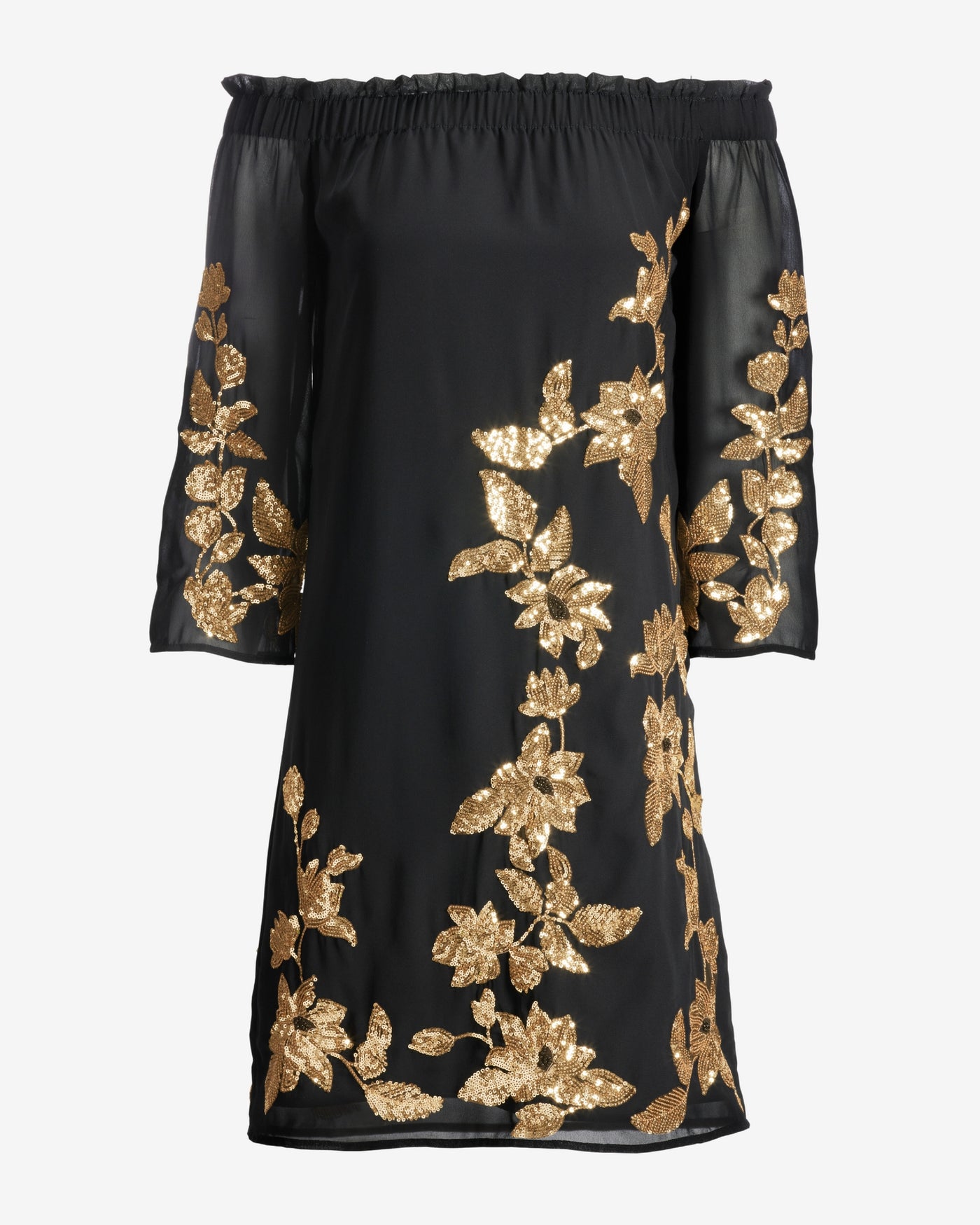 Gold Sequin Embellished Off the Shoulder Shift Dress Black