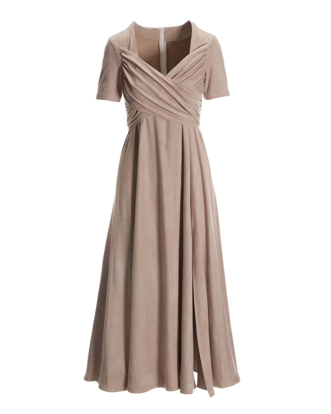 Short Sleeve Faux Suede Slit Midi Tan