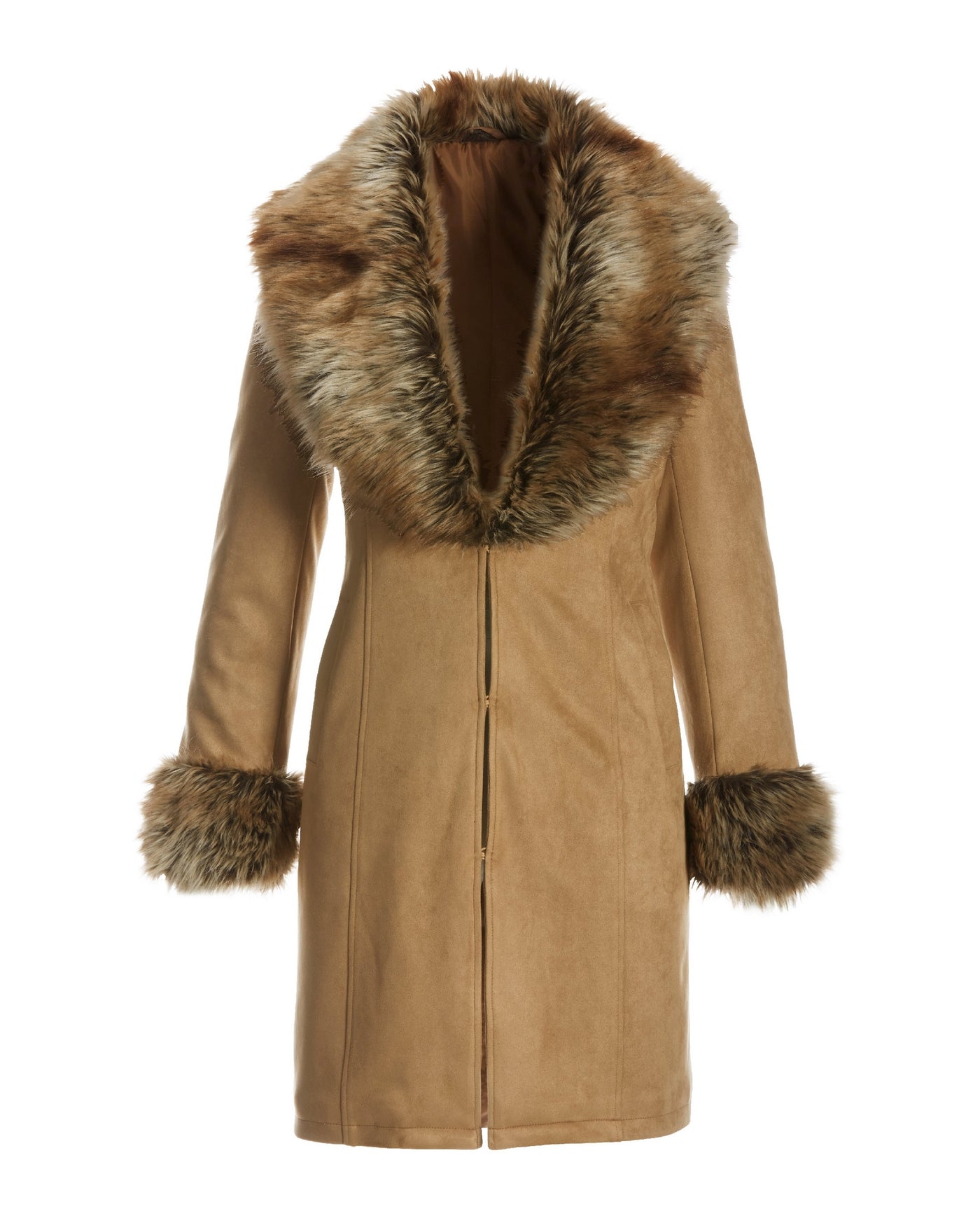 Faux Fur Trim Faux Suede Coat Camel