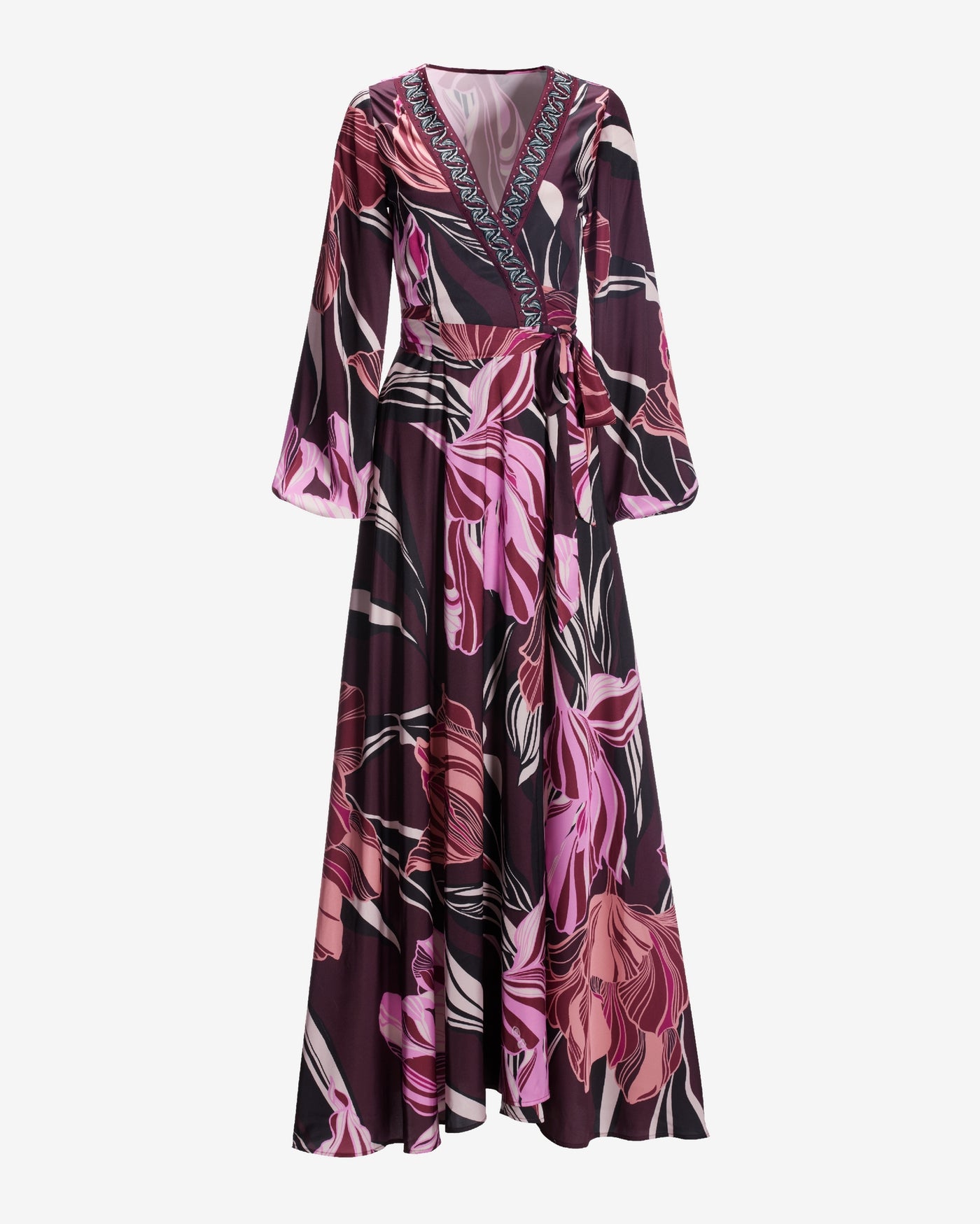 Olivia Fleurs Embellished Charmeuse Maxi Dress Maroon