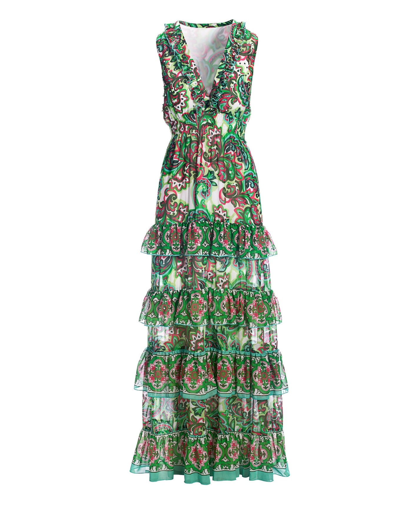 Palma De Scrolls Print Ruffle Tiered Maxi Dress Pink/Green