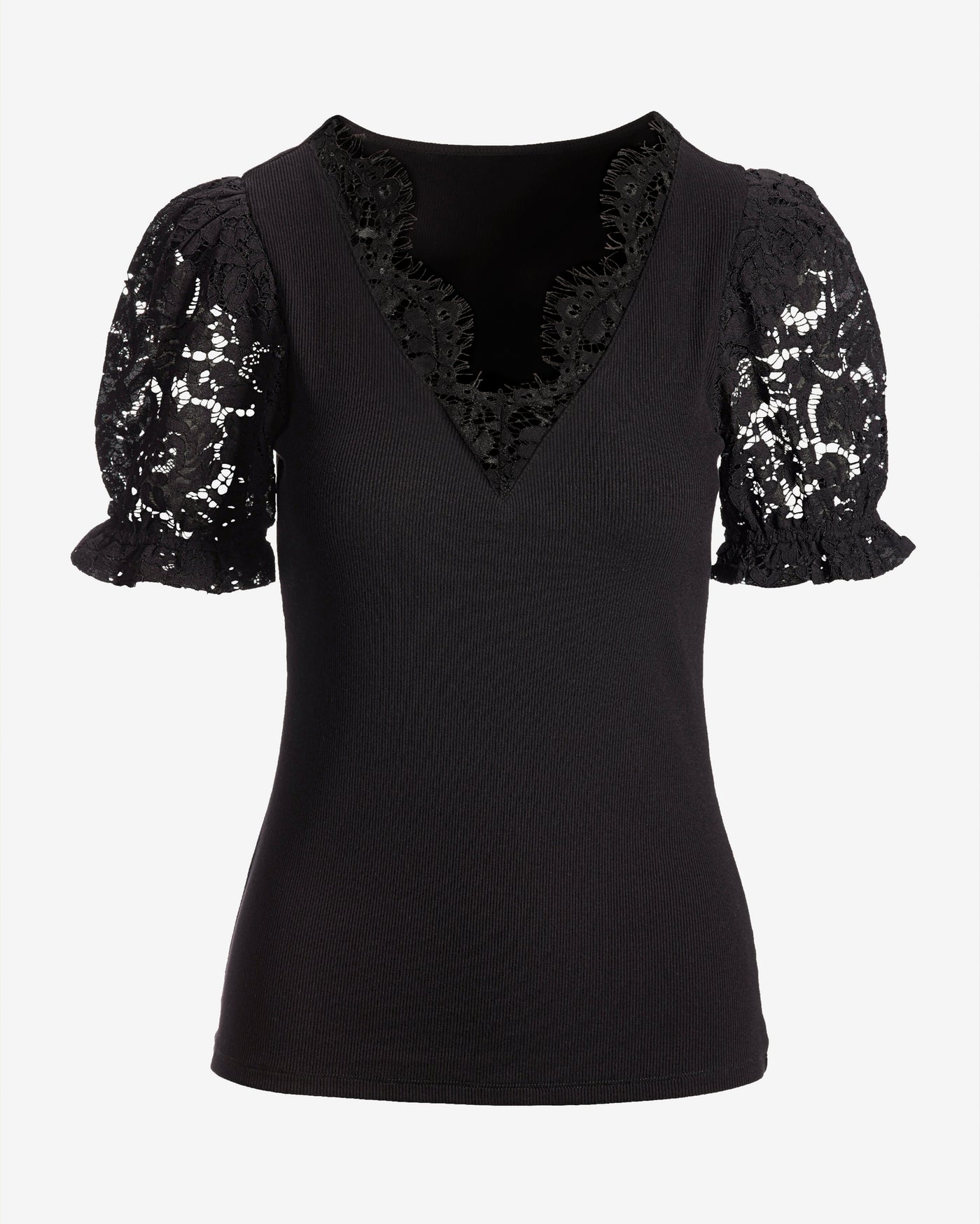 So Essential Lace V Neck Puff Sleeve Top Proper Black