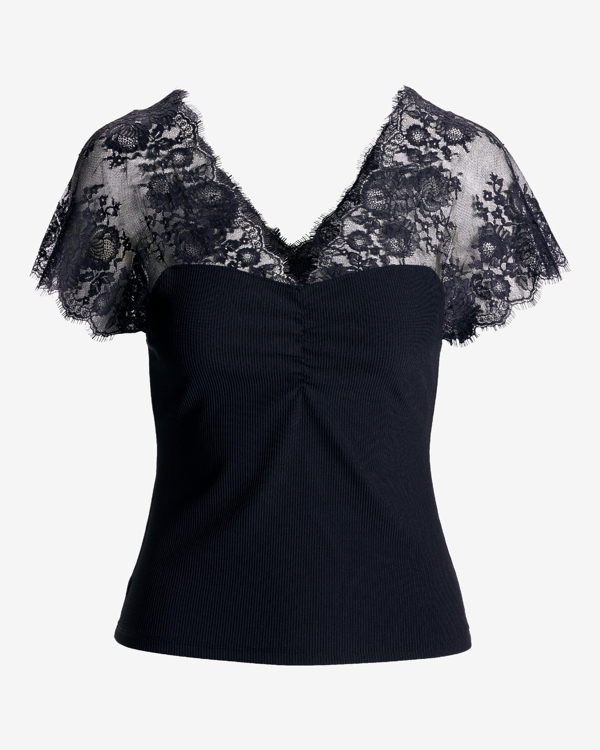 Delicate Lace and Slink Rib  Knit Top Proper Black