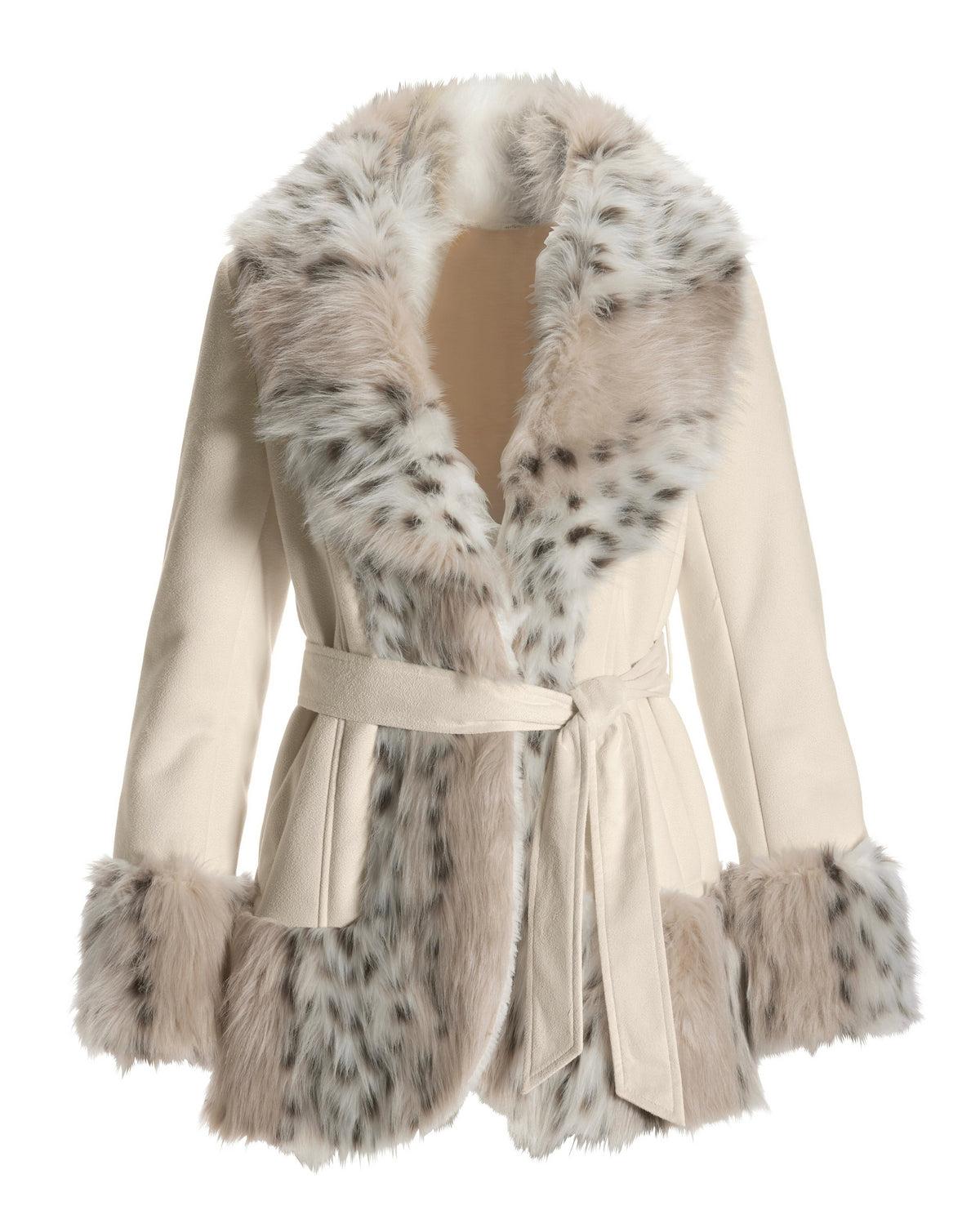 Leopard Print Faux Fur Trim Coat Ivory