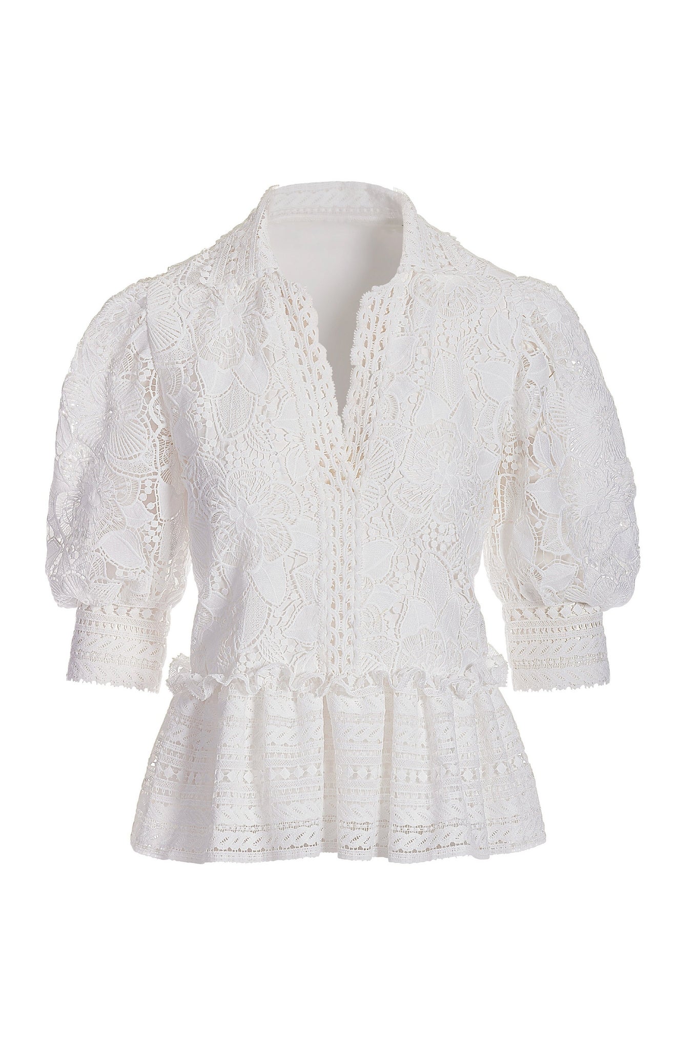 Puff Sleeve Collared Lace Peplum Blouse White