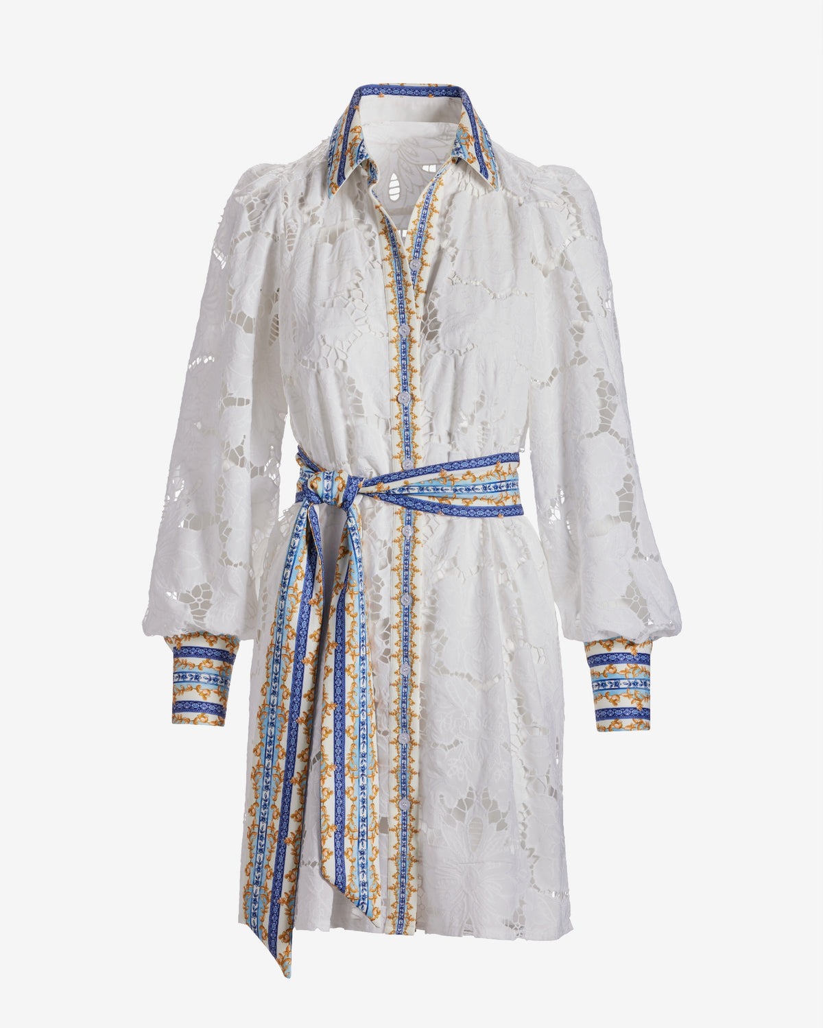 Status Print Collared Lace Shirt Dress Filagree Borders