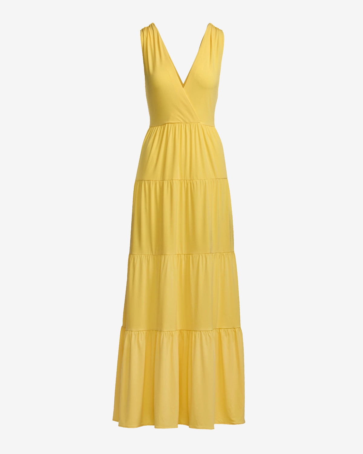V Neck Tiered Knit Maxi Dress Lemon Drop