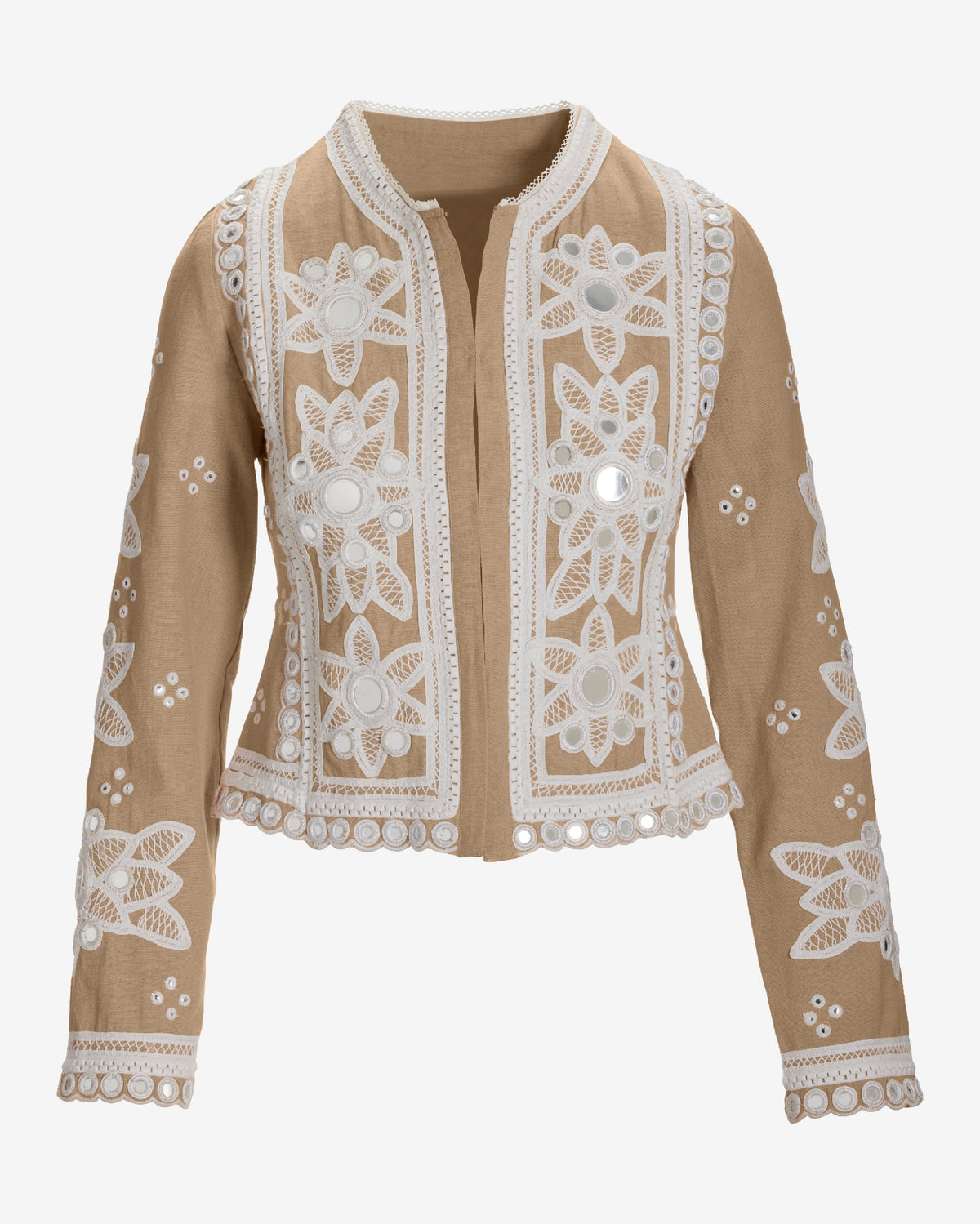 Mirror Embellished and Embroidered Linen Jacket Sesame
