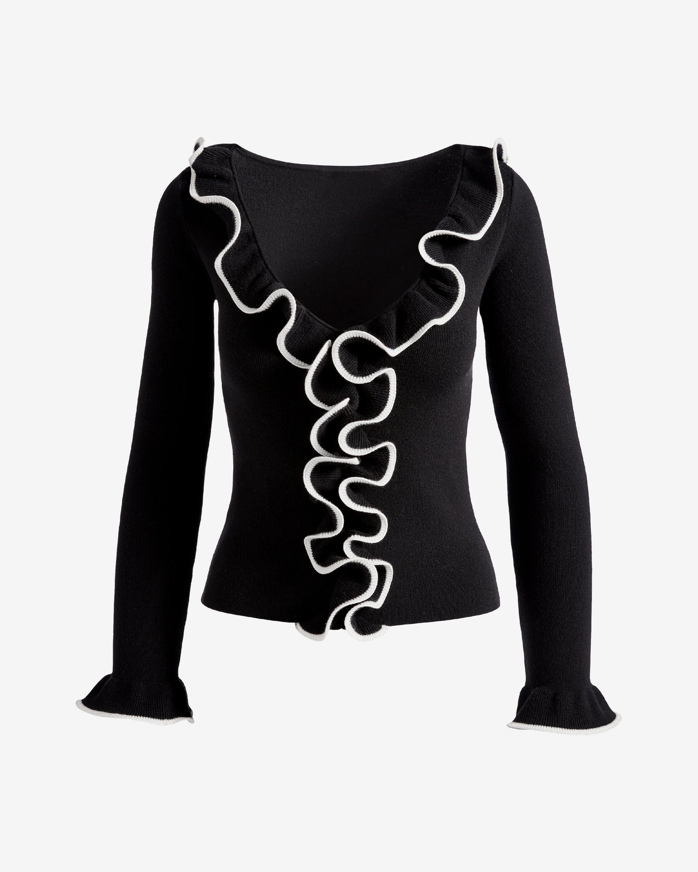 V-Neck Tipped Ruffle Sweater Top Black/White