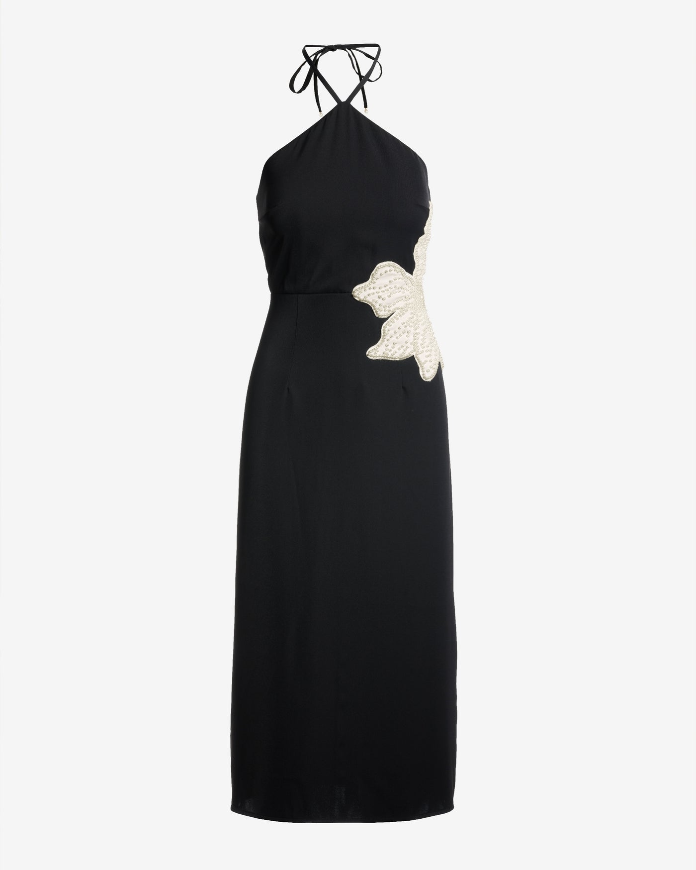 Pearl Embellished Flower Halter Column Dress Black