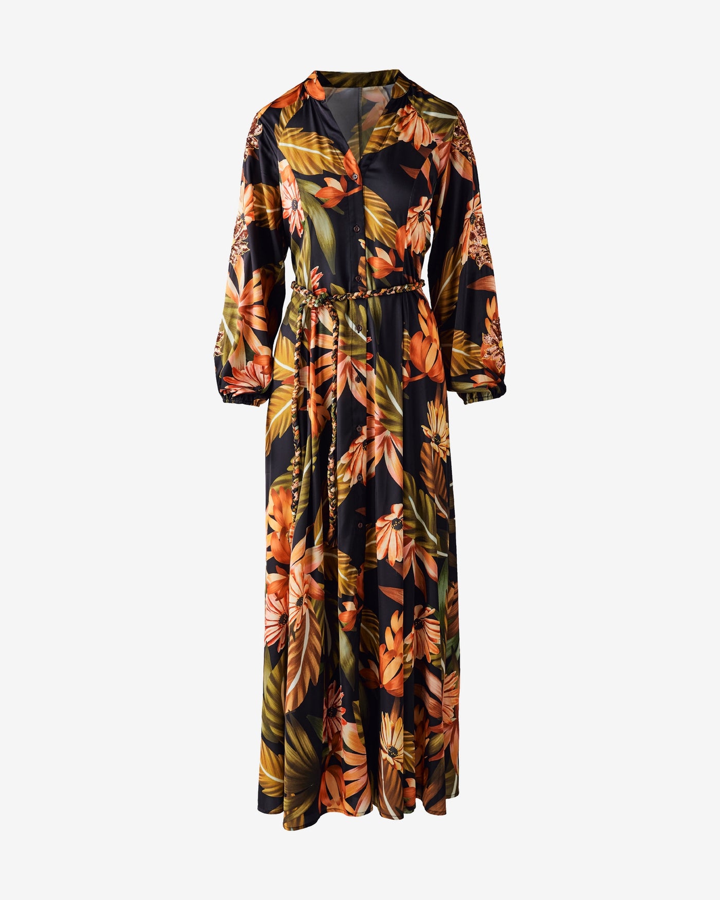 Printed Button Down Maxi with Embellishment Exotic Paradise