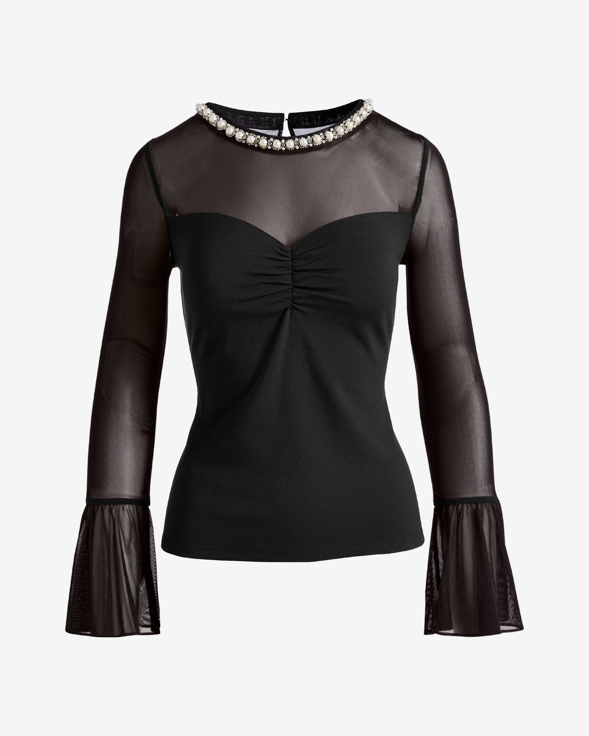 Pearl Embellished Mesh Illusion Sweetheart Knit Top Black