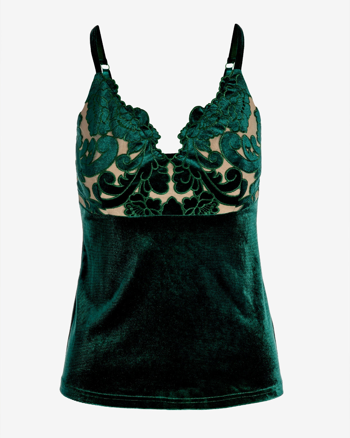 Velvet Scalloped Lace V Neck Cami Top Deep Emerald