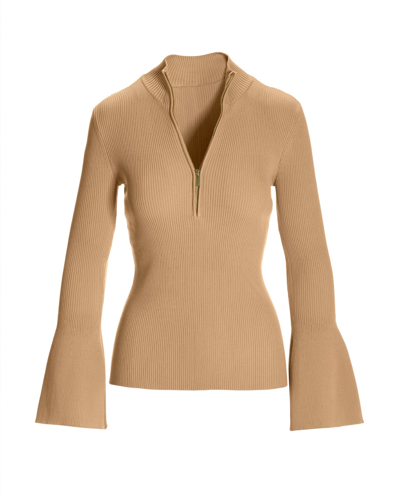 Ribbed Half Zip Flare Sleeve Sesame