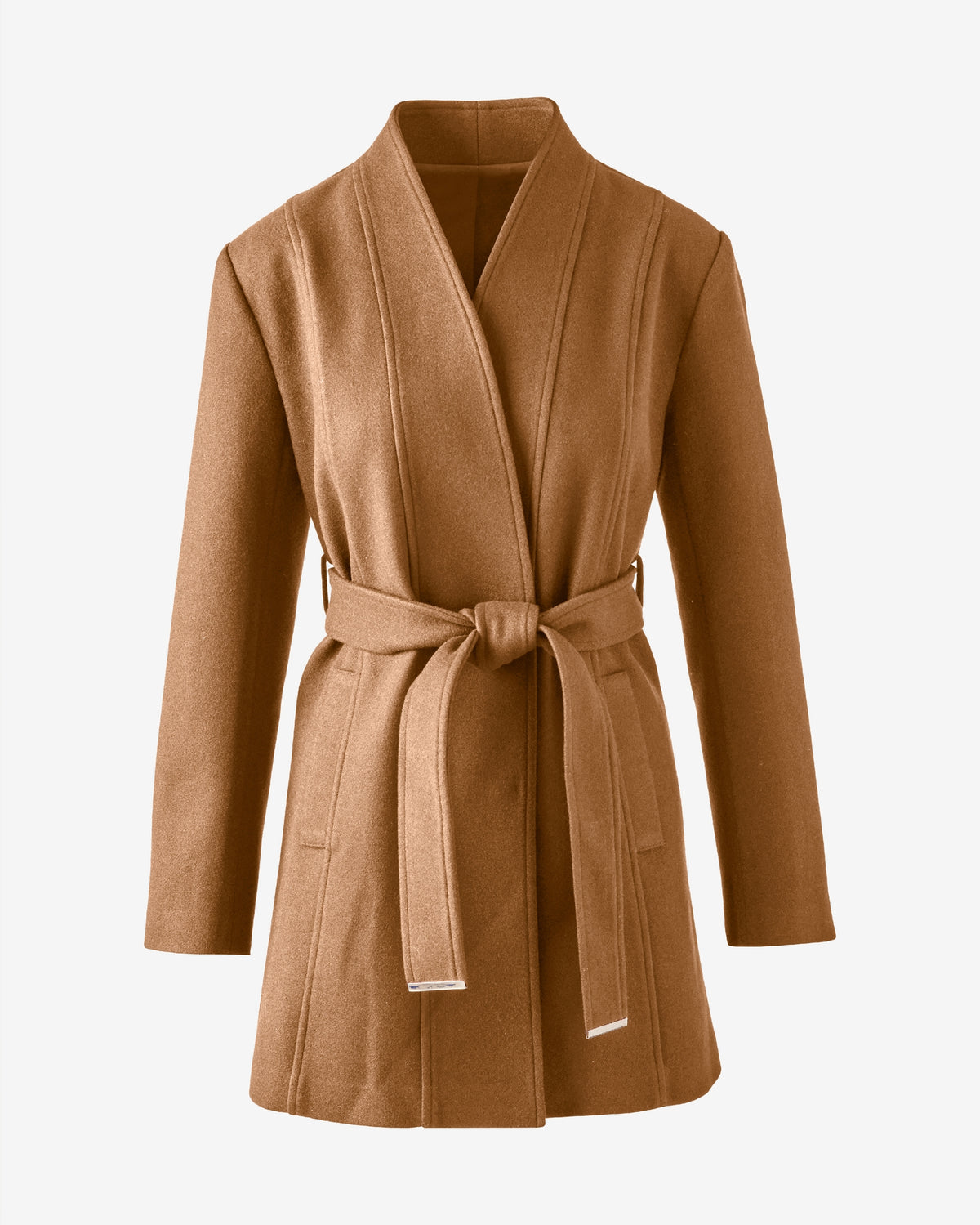 Collarless Self Tie Coat Tobacco Brown