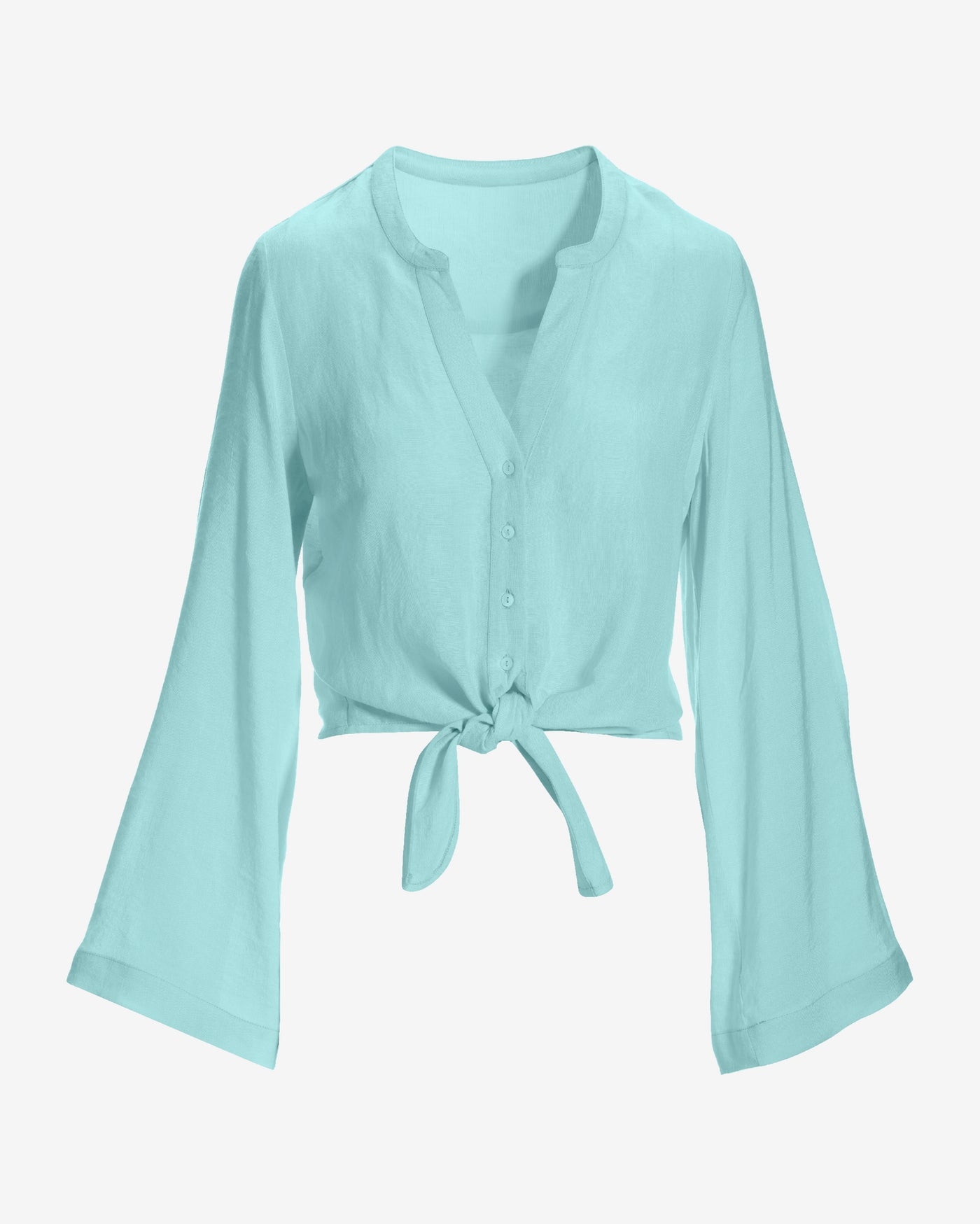 Linen Flare Sleeve Tie Front Shirt Tanager Turquoise