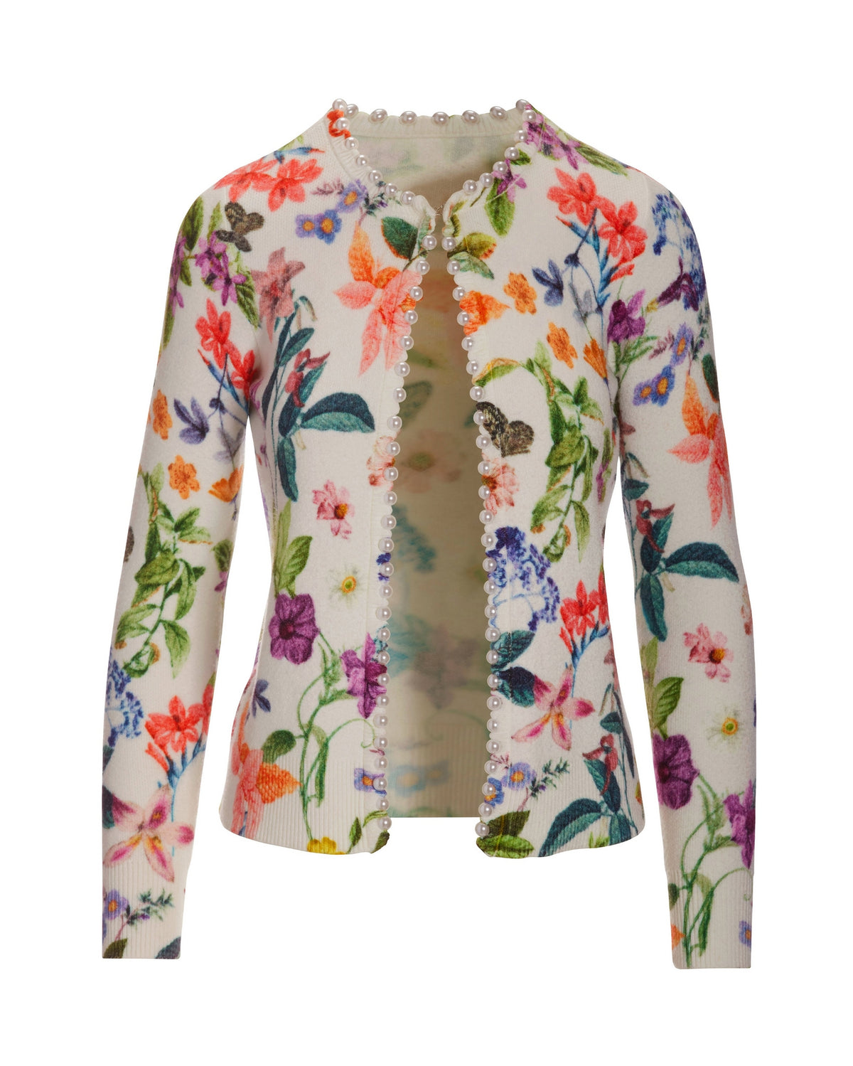 Floral Pearl Trim Cardigan White Multi