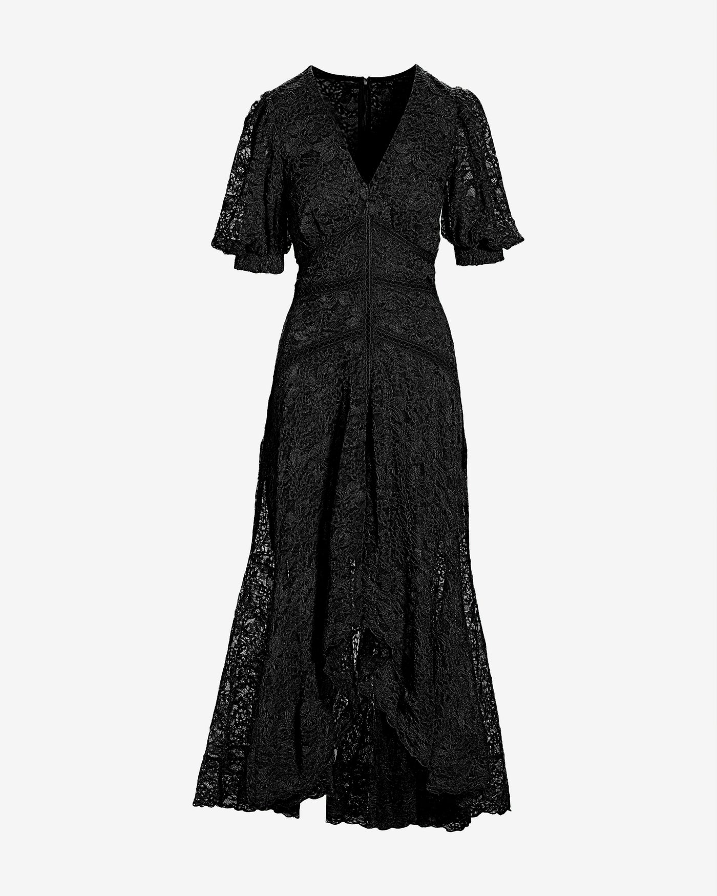 Lace High Low Puff Sleeve Maxi Dress Black