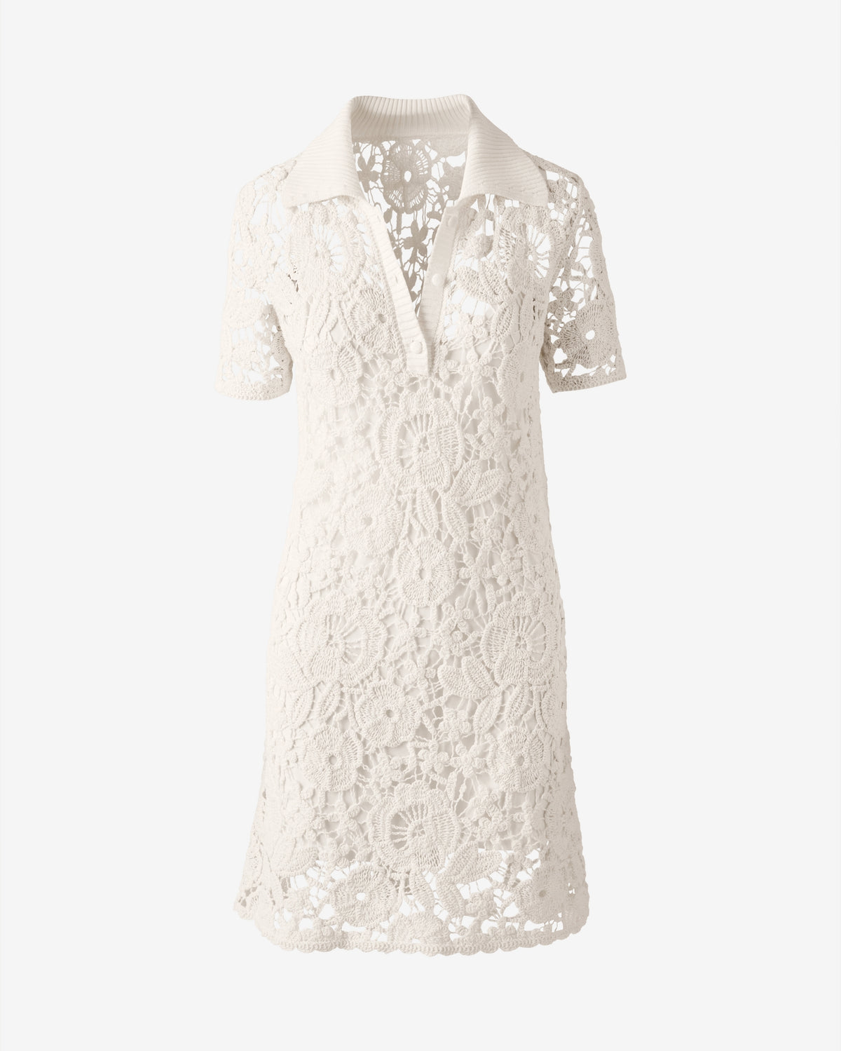 Collared Crochet Shirt Dress Off White