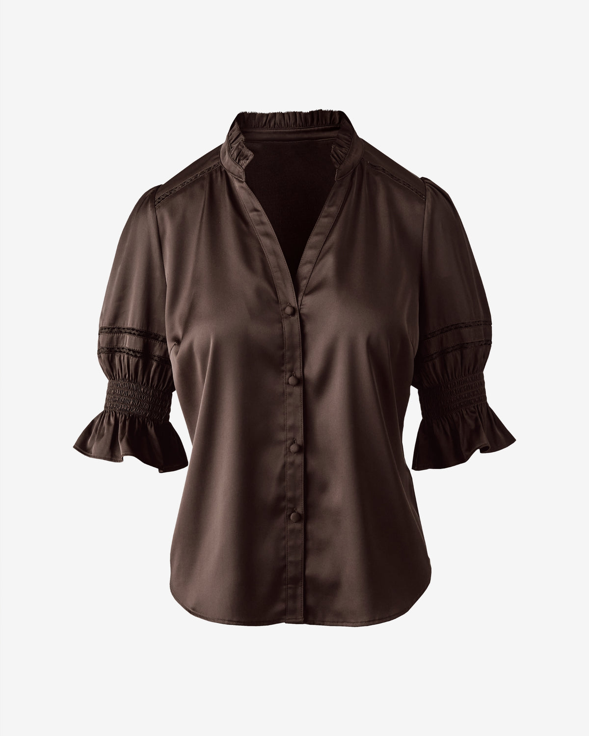 Charmeuse Ruffle Collar Short Sleeve Blouse Chocolate