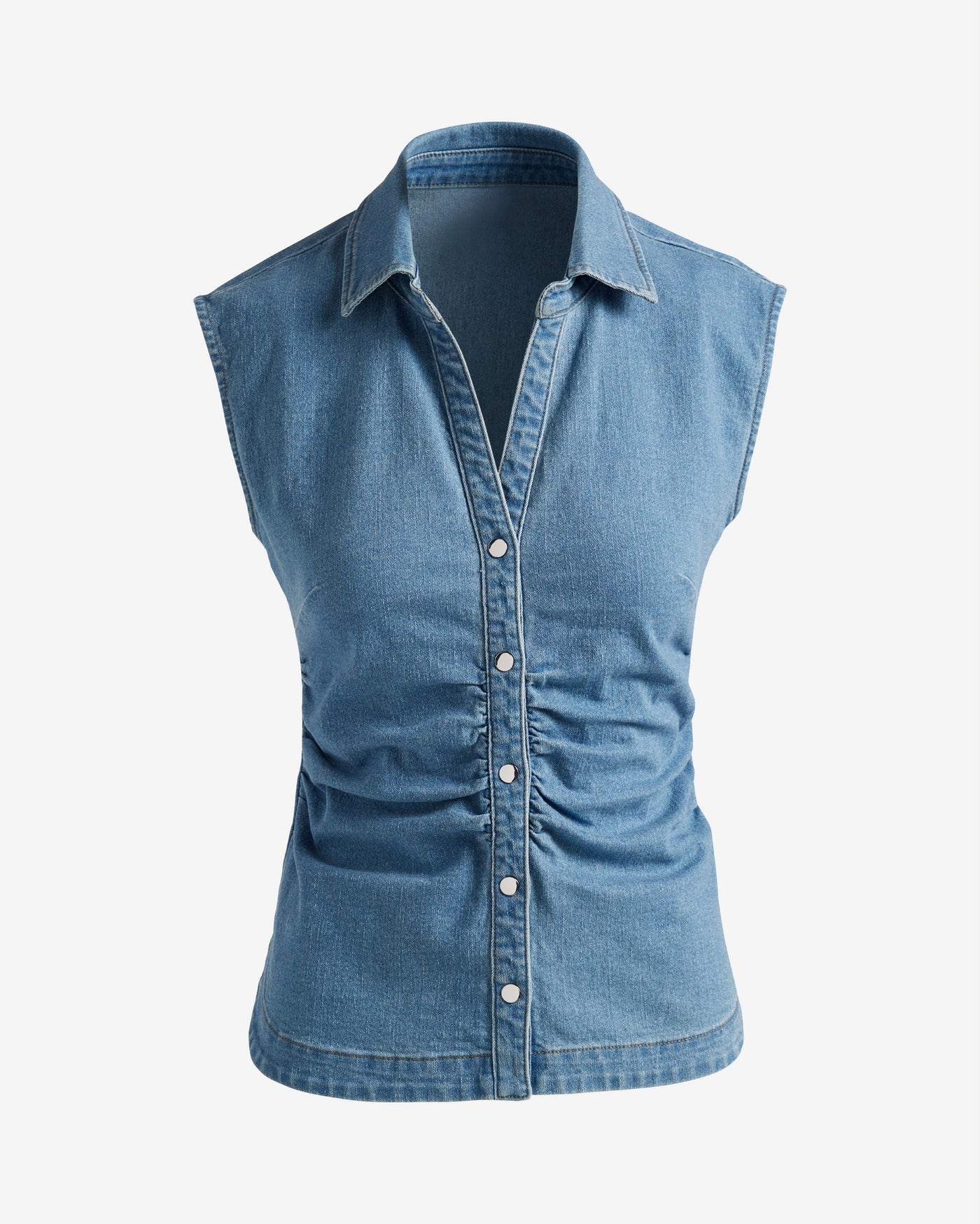Denim Ruched Cap Sleeve Shirt Medium Wash