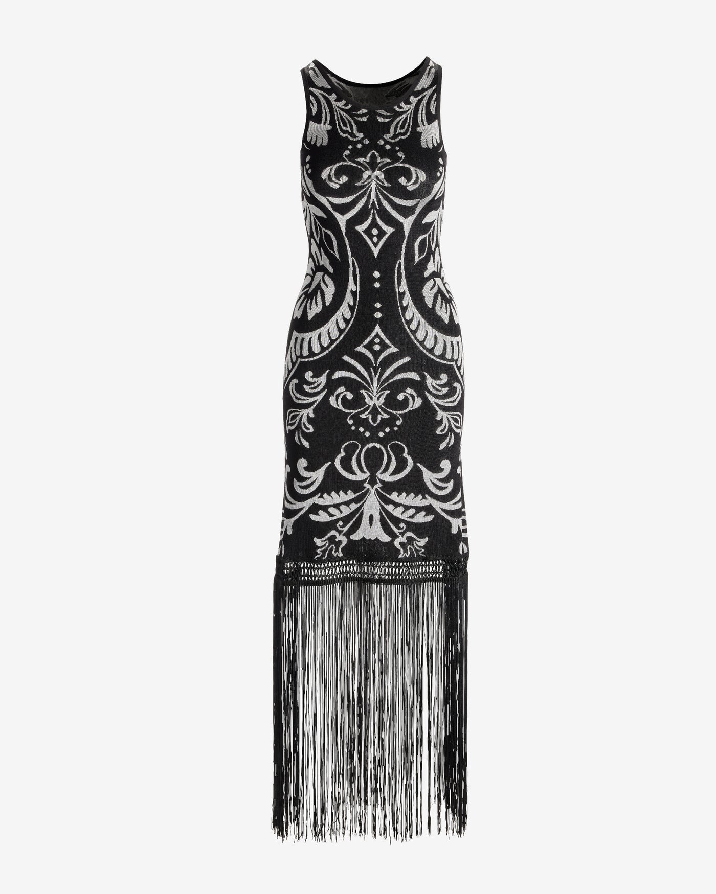 Malibu Intarsia Fringe Maxi Dress Black/White