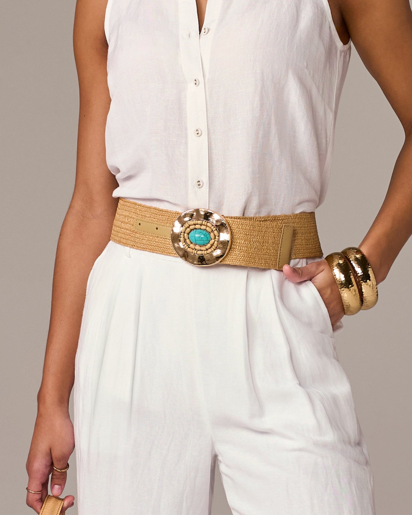 Turquoise Stone Raffia Belt Natural/Turquoise