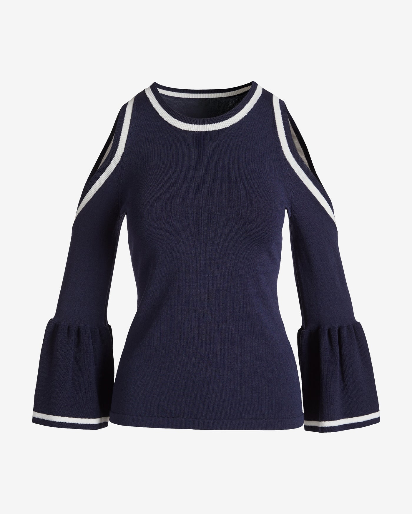 Color Block Cold Shoulder Ruffle Sleeve Sweater Navy/White