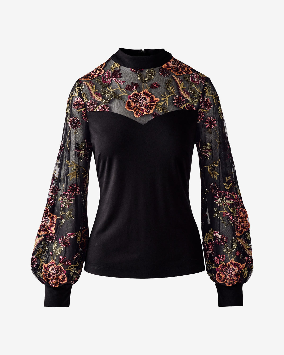 Embroidered Mock Neck Long Sleeve Top Proper Black