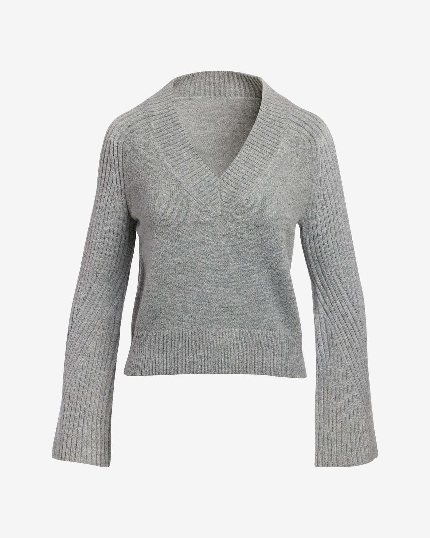 Wide Rib V-Neck Bell Sleeve Sweater Light Heather Gray
