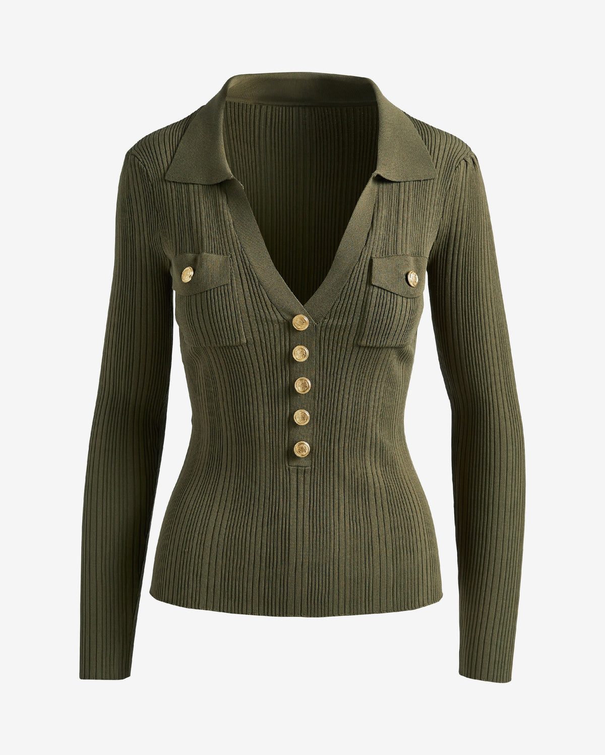 Crested Button Collared Rib Sweater Top Olive