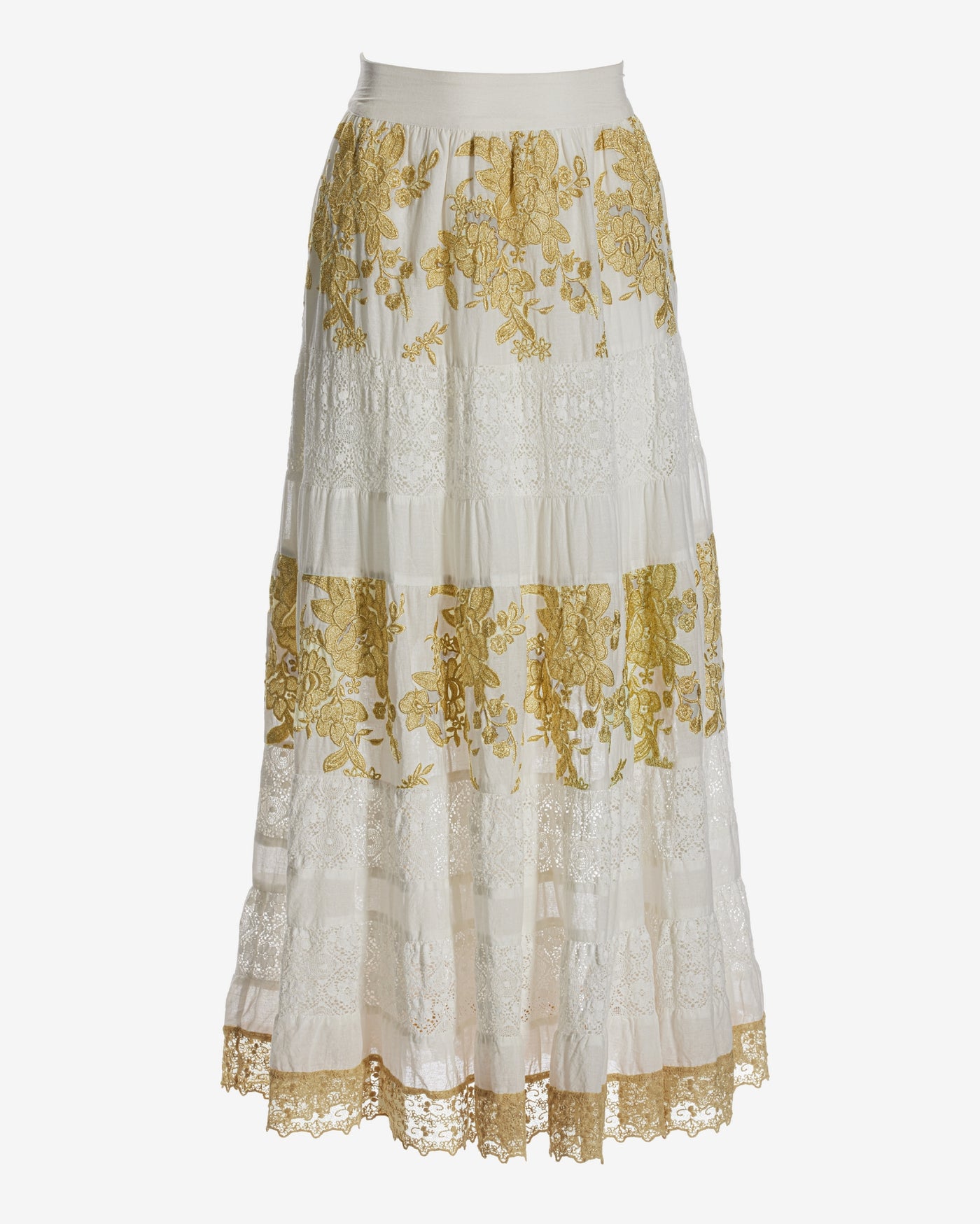 Tiered Gold Lace Maxi Skirt White/Gold