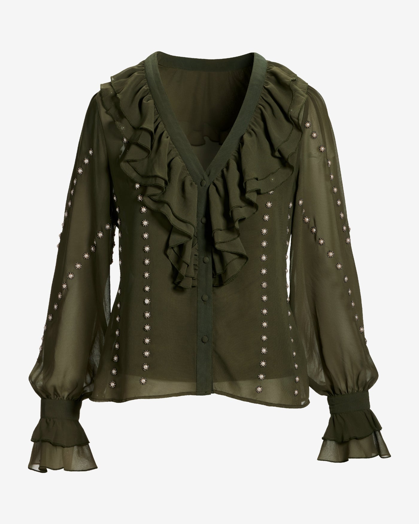 Parisian Pearl Embellished Ruffle Blouse Olive Night