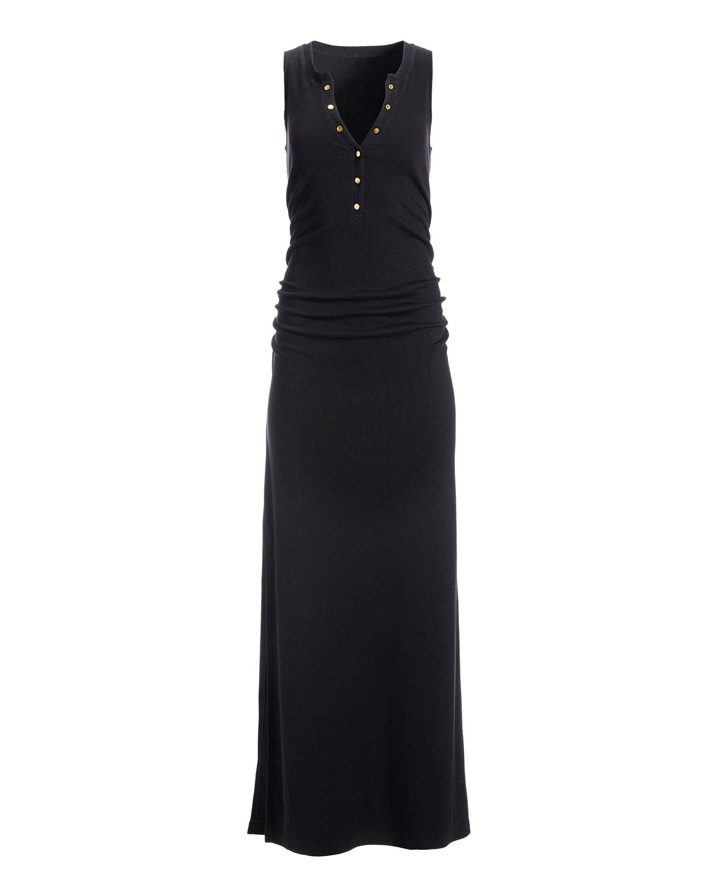 Ribbed Knit Henley Ruched Maxi Dress Black