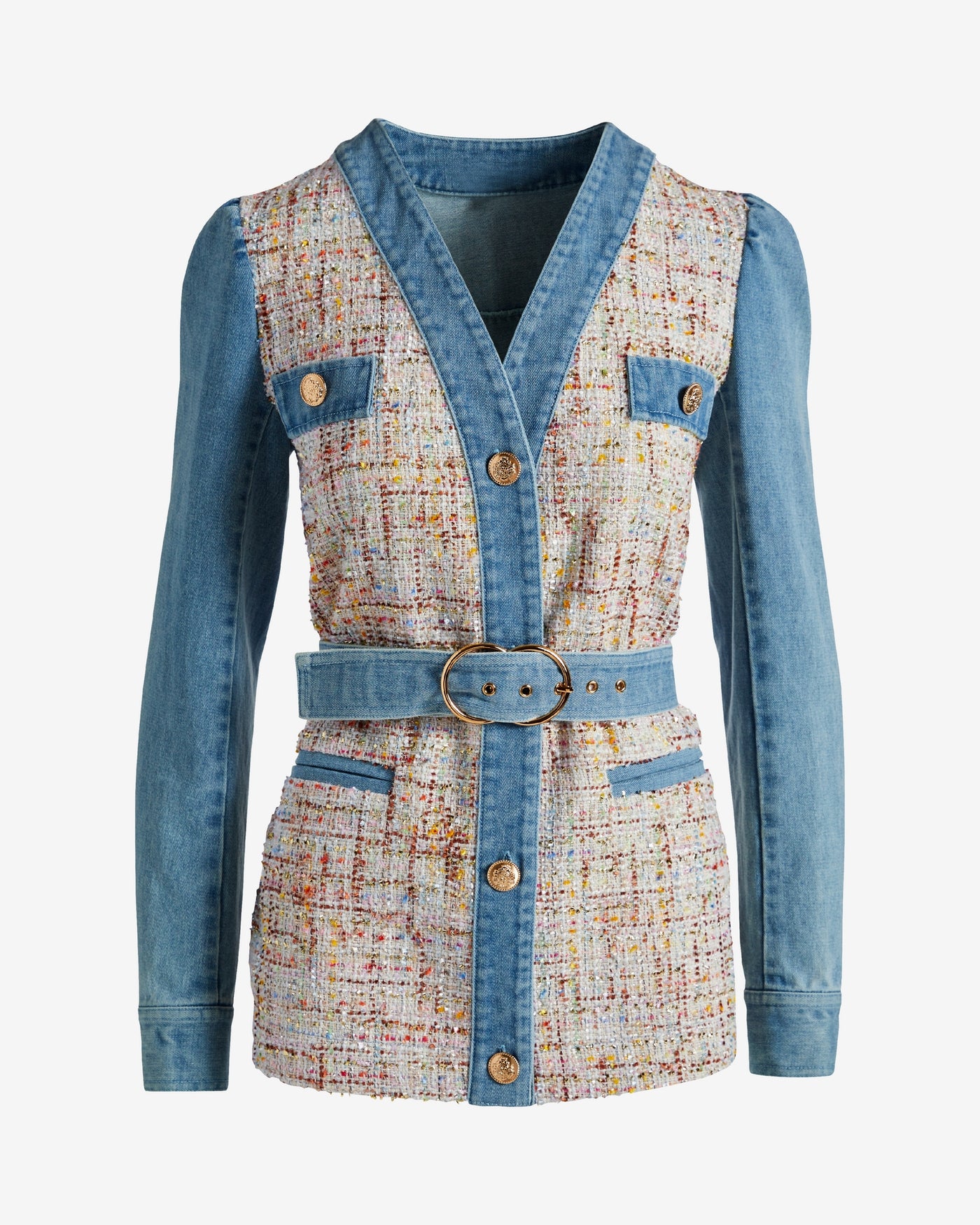 Denim & Tweed Tie Waist Utility Jacket Ultra Light Wash