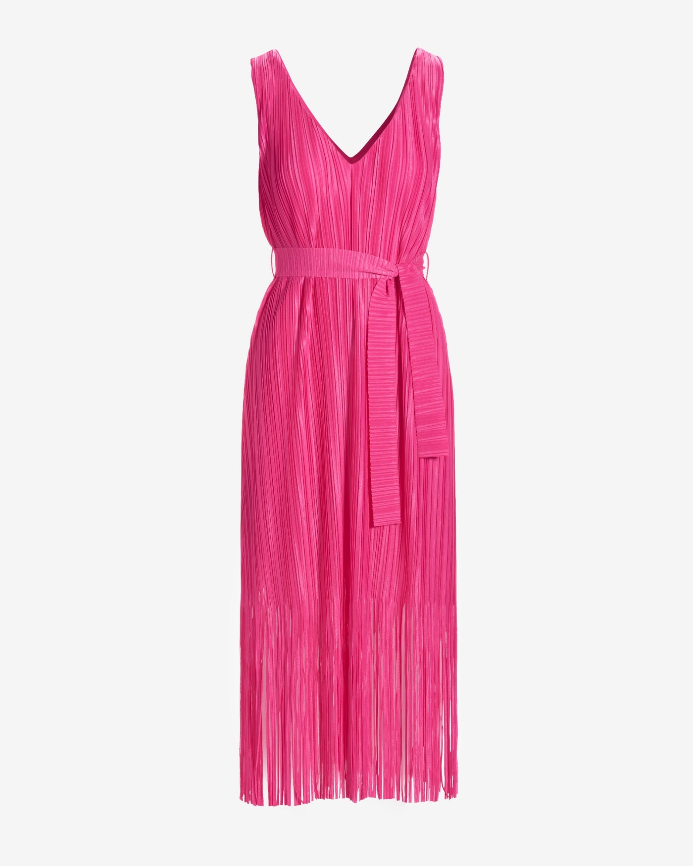 V Neck Fringe Pleated Midi Dress Shocking Pink